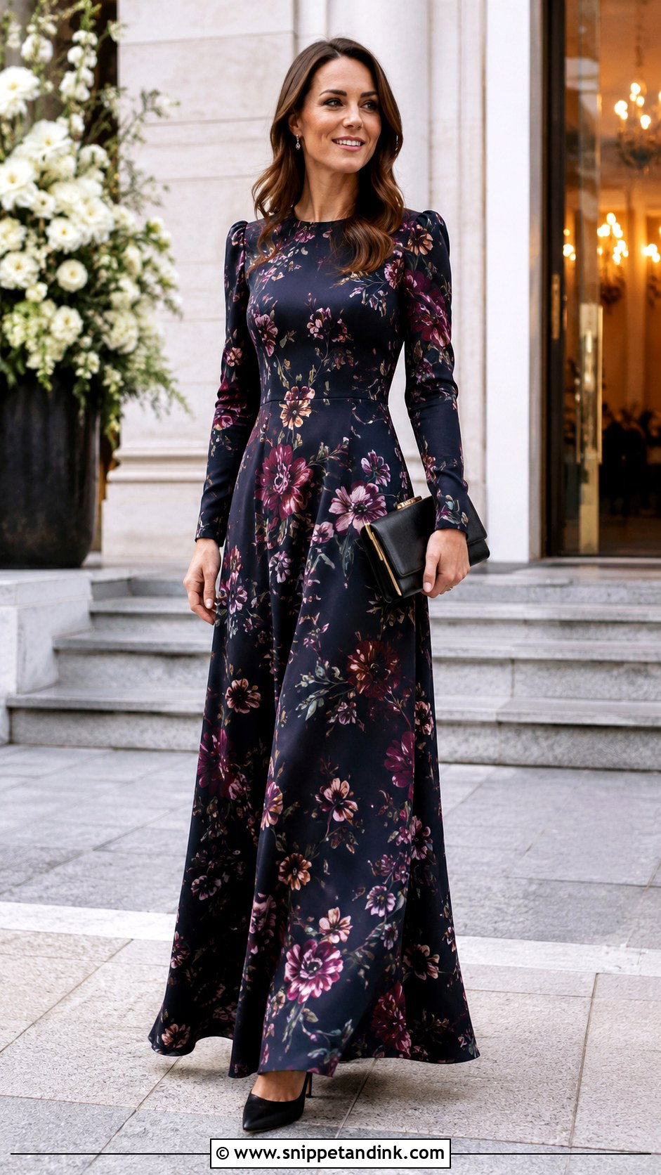 Floral Crepe Long Sleeve Gown - Snippet and Ink - 25 Flowered Crepe Gown Styles
