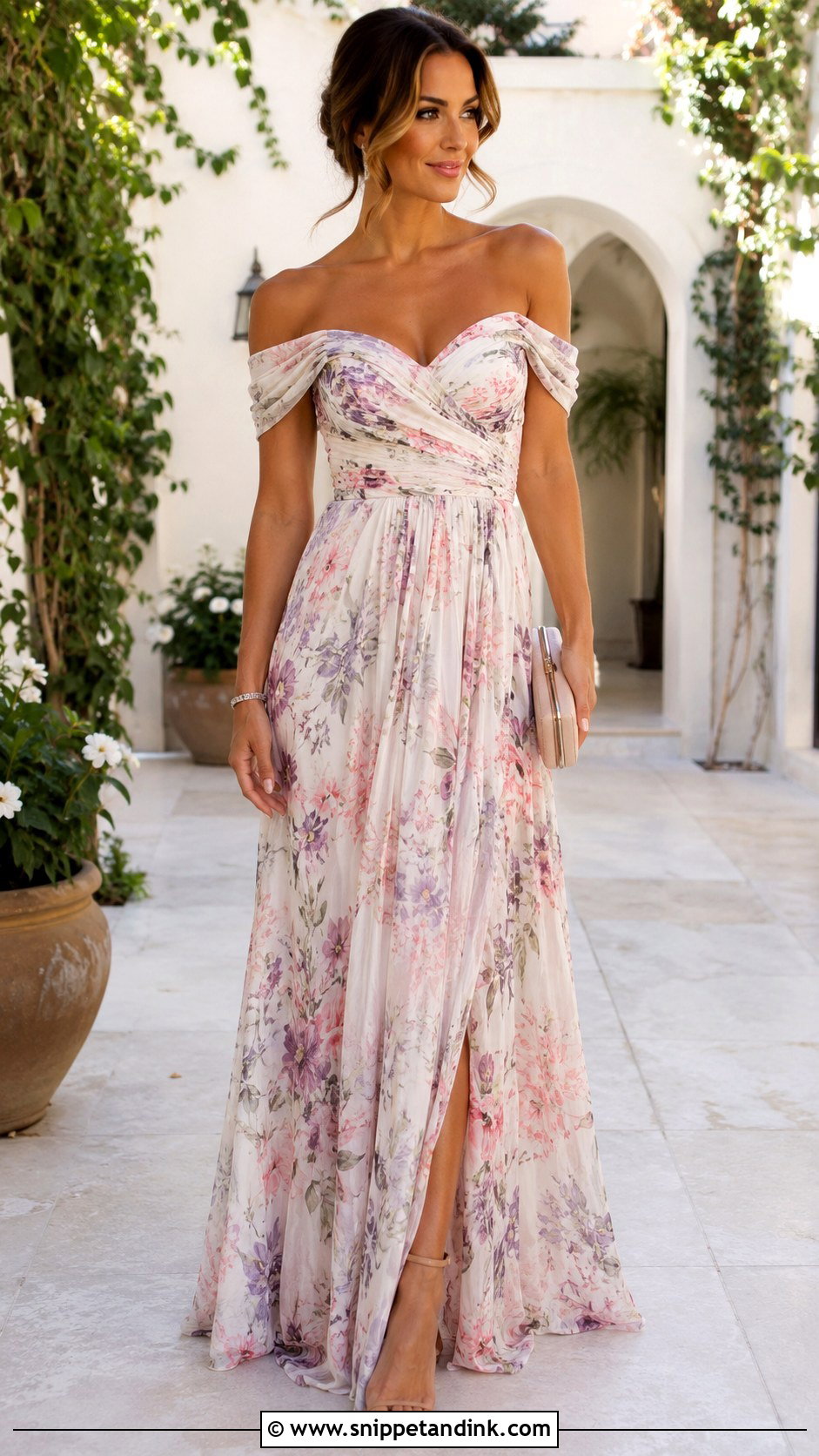 Floral Crepe Off Shoulder Gown - Snippet and Ink - 25 Flowered Crepe Gown Styles