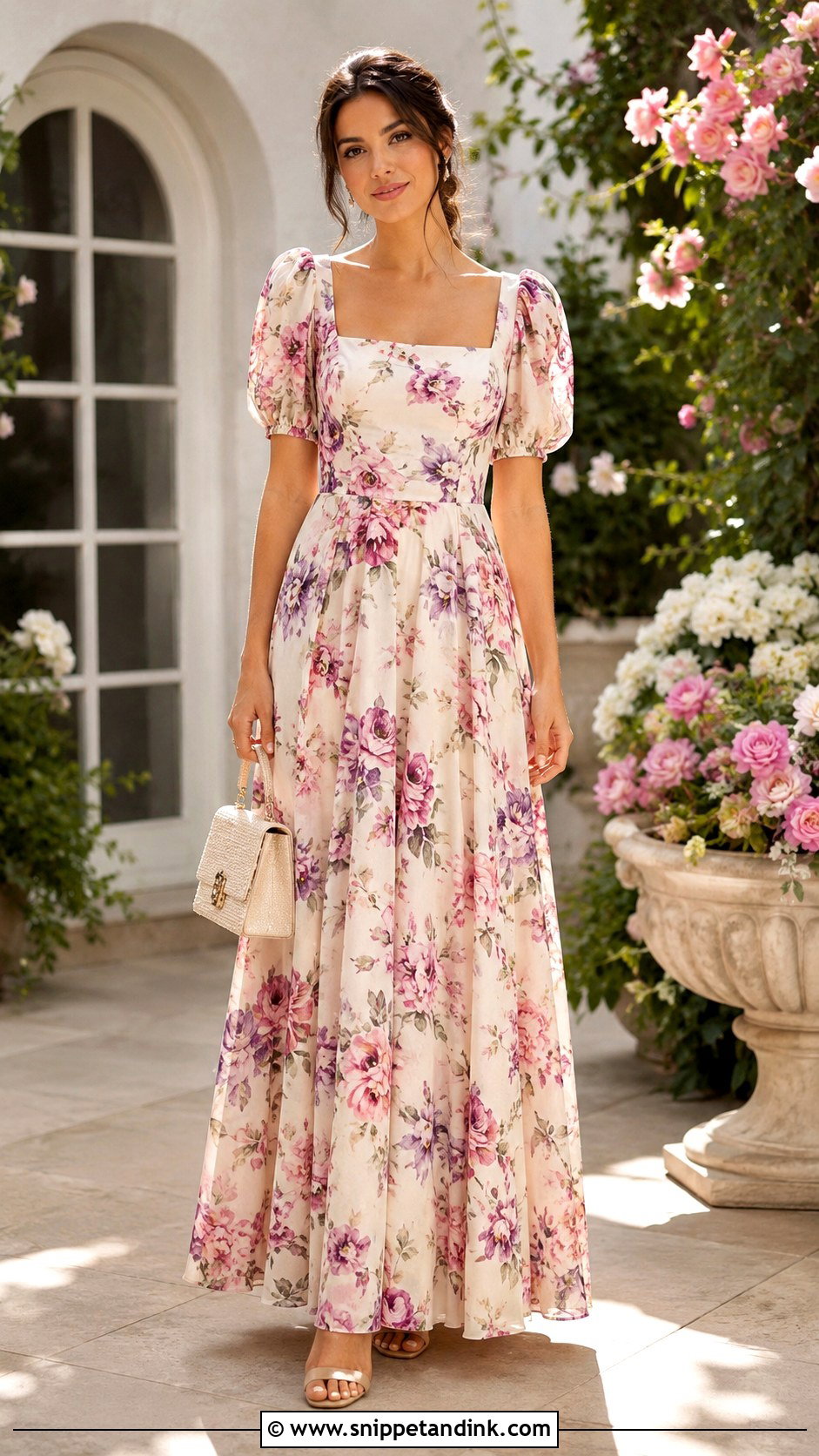 Floral Crepe Square Neck Gown - Snippet and Ink - 25 Flowered Crepe Gown Styles
