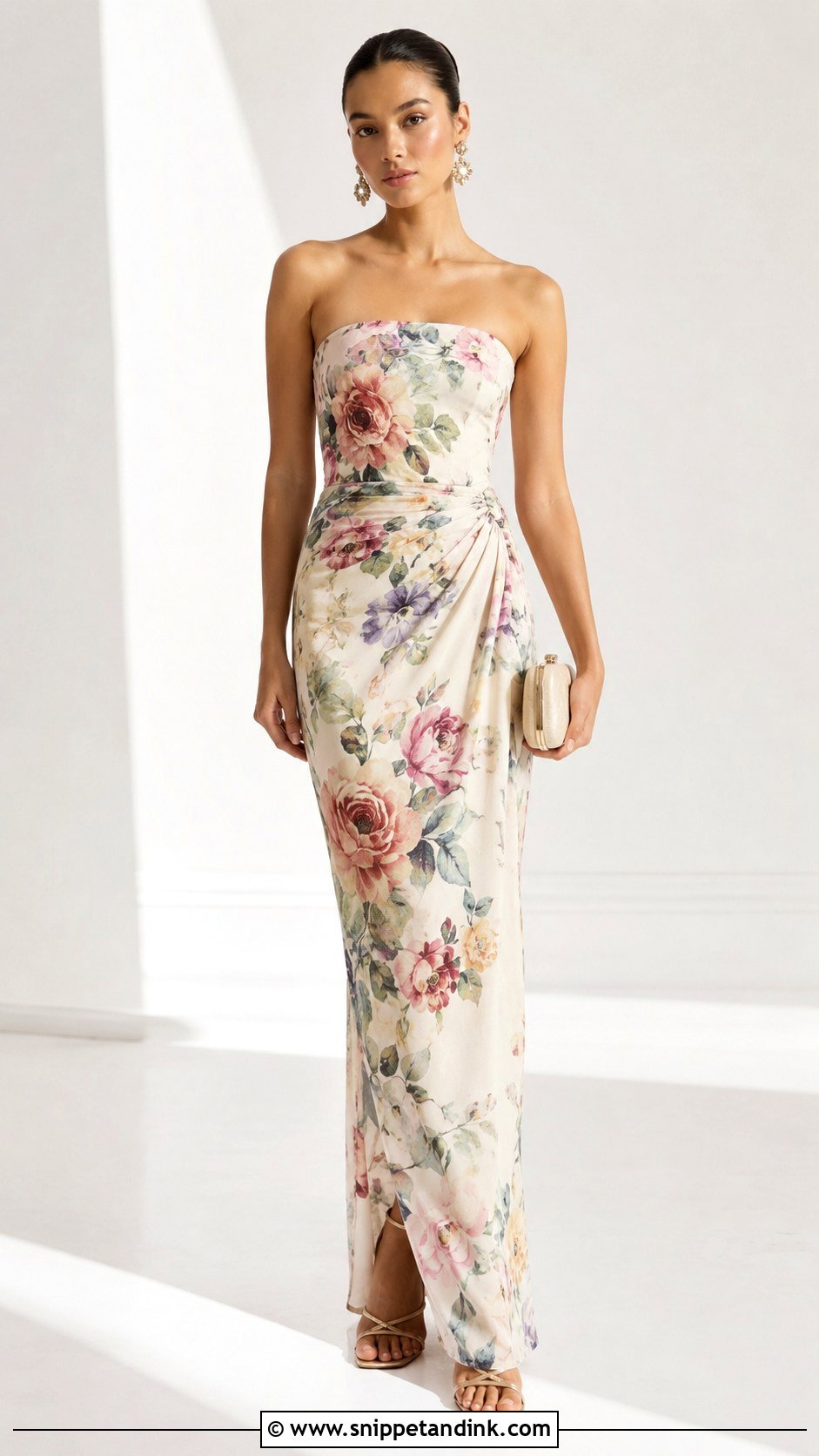 Floral Crepe Strapless Gown - Snippet and Ink - 25 Flowered Crepe Gown Styles