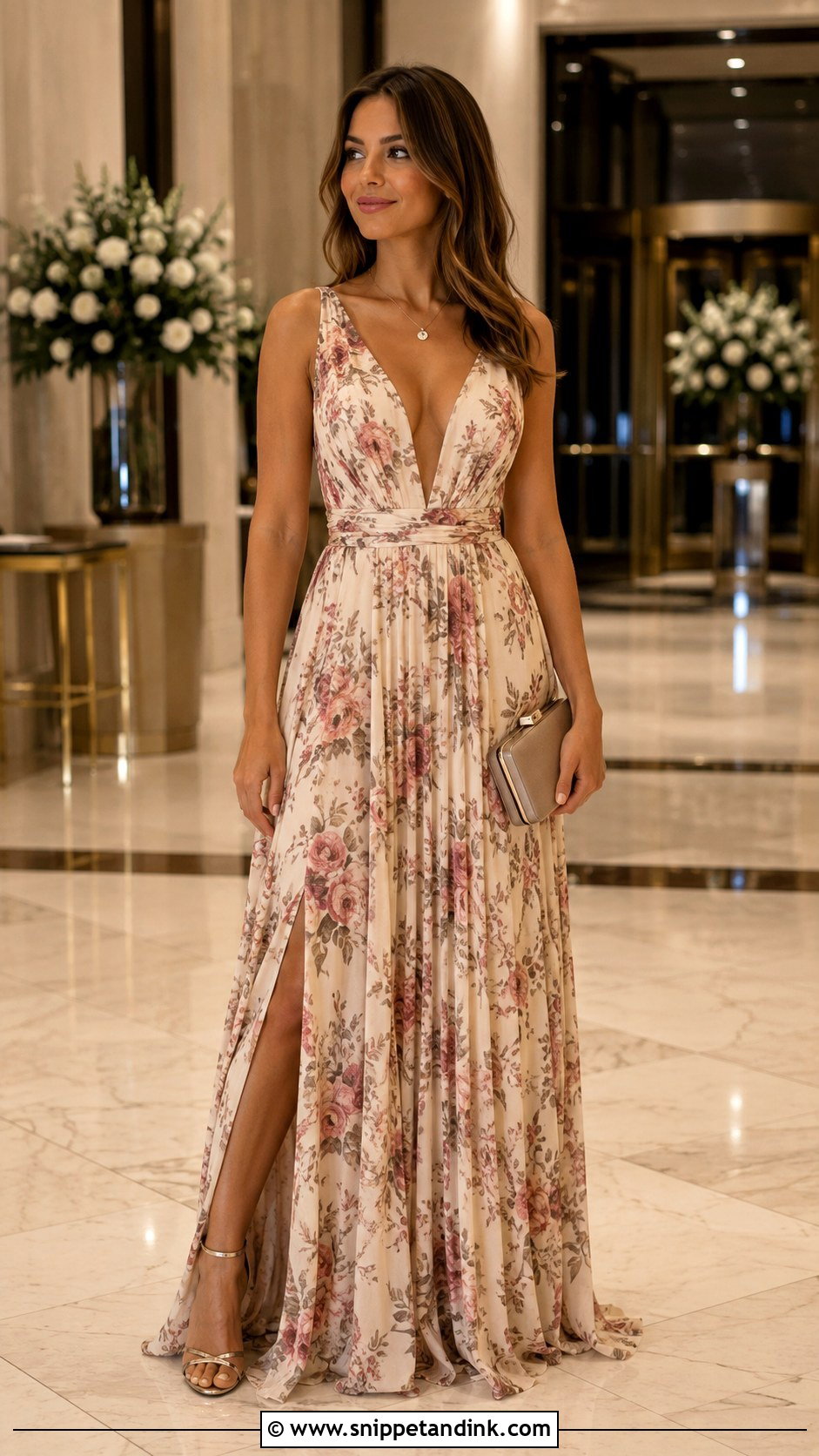 Floral Crepe V Neck Gown - Snippet and Ink - 25 Flowered Crepe Gown Styles