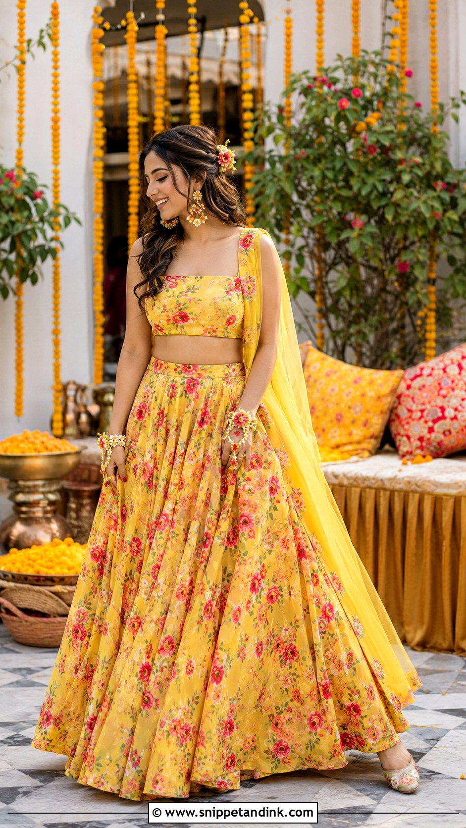 Floral Crop Top Skirt Haldi Outfit - Snippet and Ink - 20 Floral Haldi Outfit Ideas