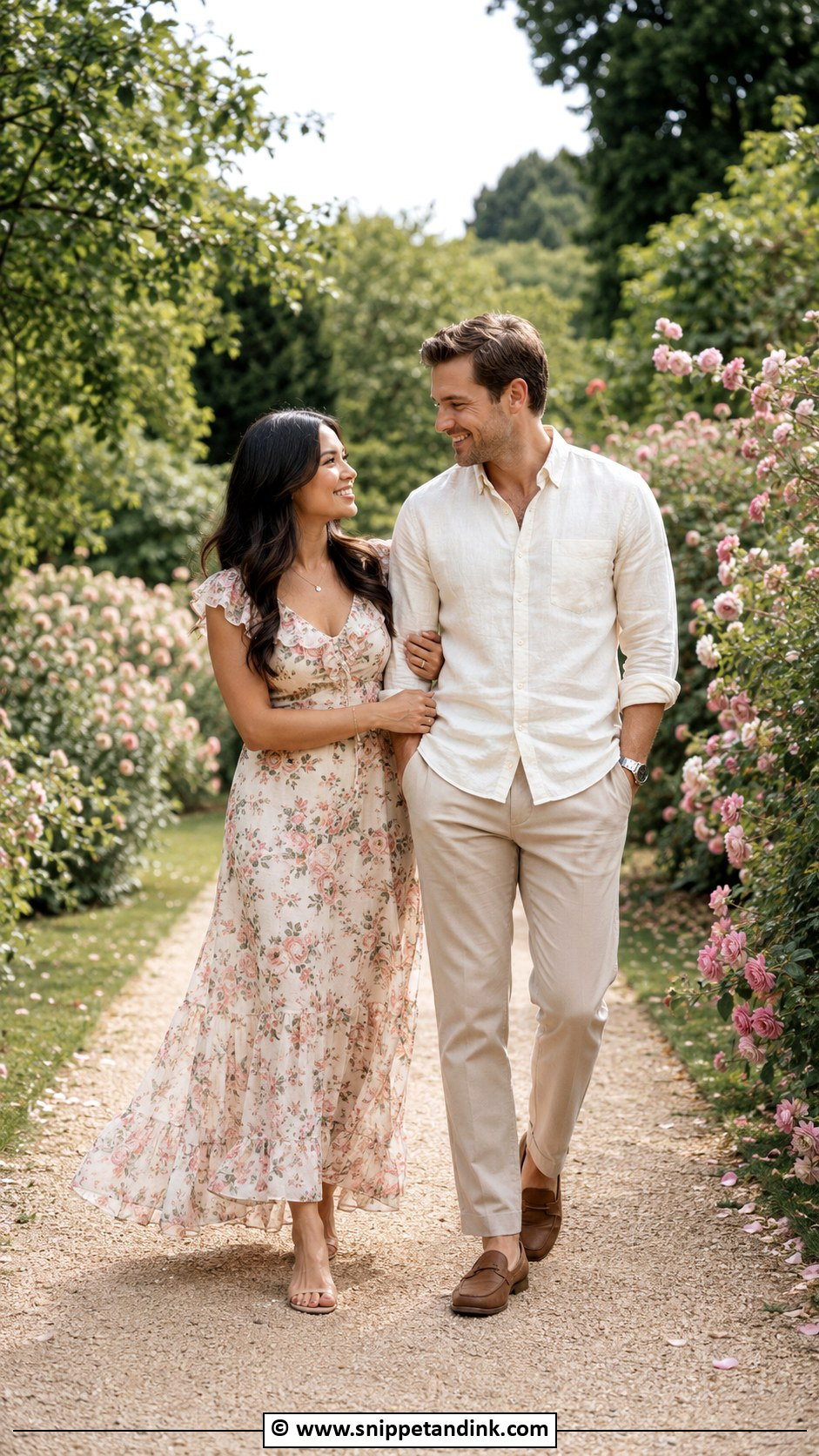 Floral Dress And Linen Shirt Couples Photoshoot Outfit - Snippet and Ink - 30 Couples Photoshoot Outfits