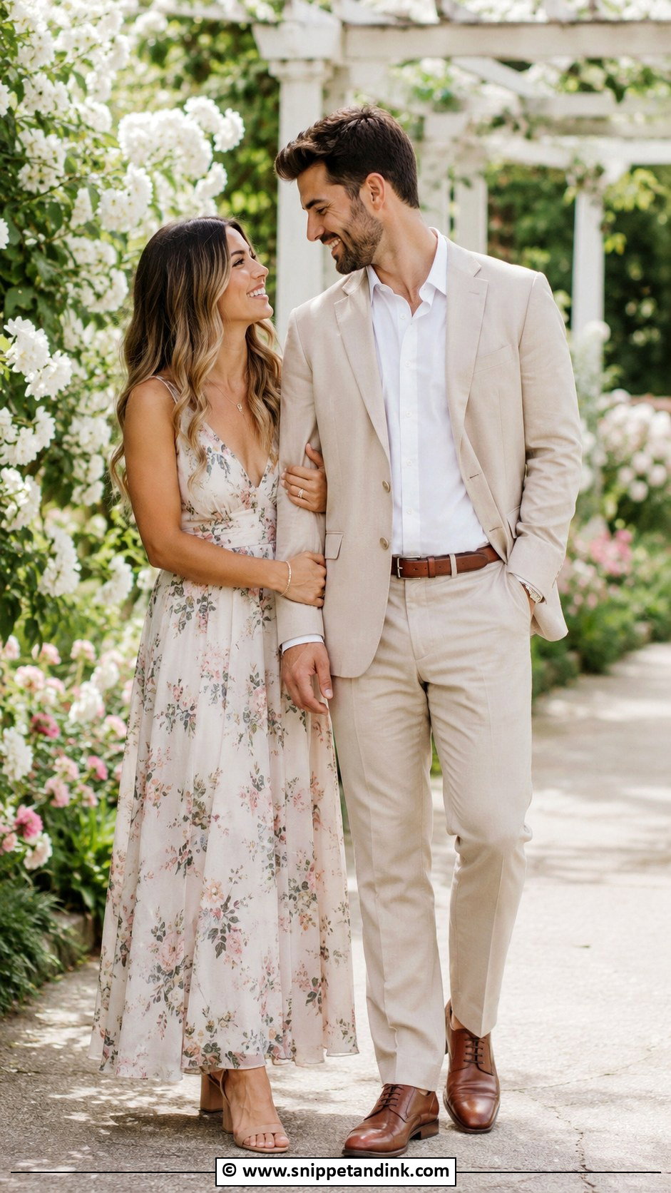 Floral Dress And Neutral Suit Couple Photoshoot Outfit - Snippet and Ink - 30 Couple Photoshoot Outfits