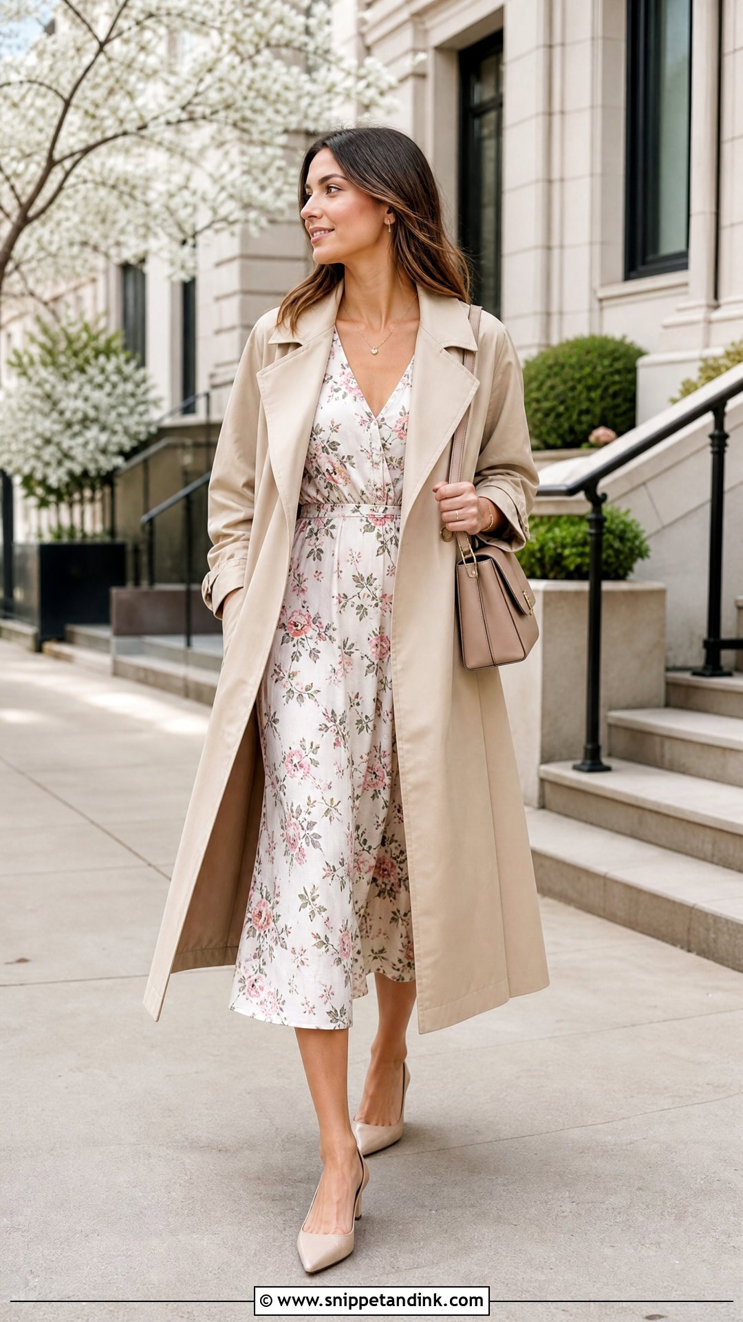 Floral Dress And Trench Coat Proposal Outfit - Snippet and Ink - 20 Outfits to Get Engaged in