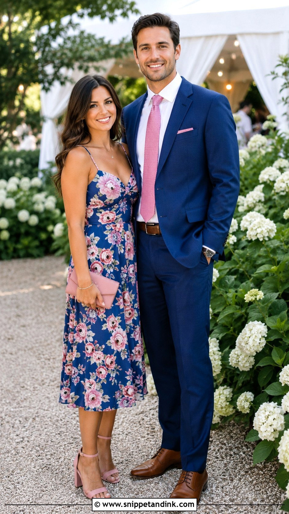 Floral Dress and Coordinating Blue Suit Wedding Couple Outfit - Snippet and Ink - 20 Matching Couple Outfits for Wedding
