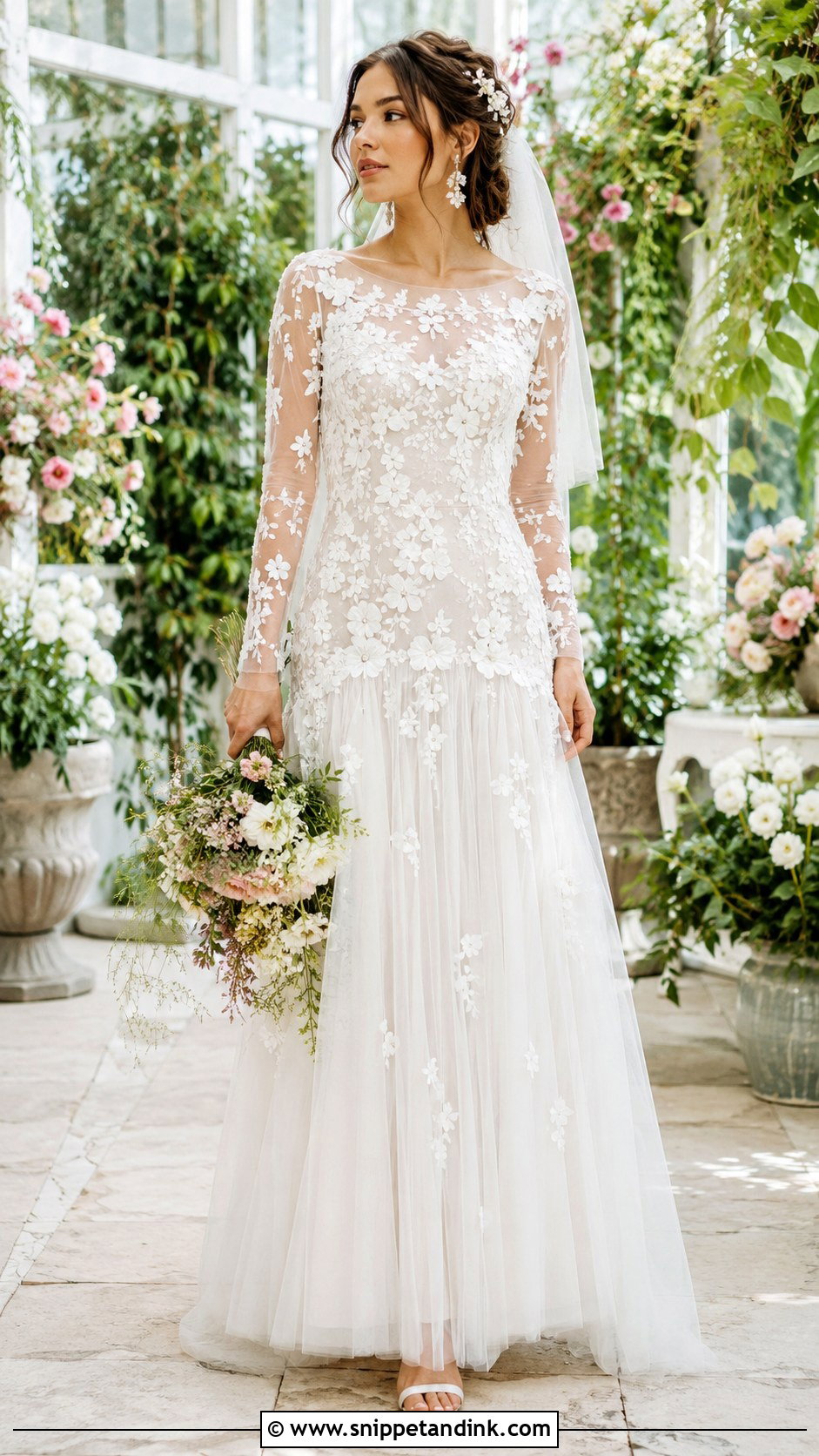 Floral Drop Waist Wedding Dress With Sheer Sleeves - Snippet and Ink - 20 Drop Waist Wedding Dress with Sleeves