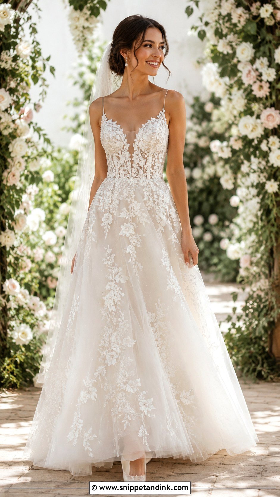 Floral Embroidered A Line Wedding Dress - Snippet and Ink - 25 Floral Embroidered Wedding Dress Ideas