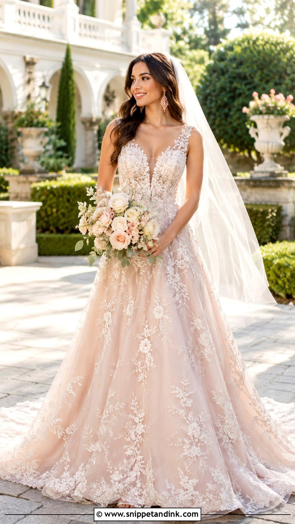 Floral Embroidered Blush Wedding Dress - Snippet and Ink - 25 Floral Embroidered Wedding Dress Ideas