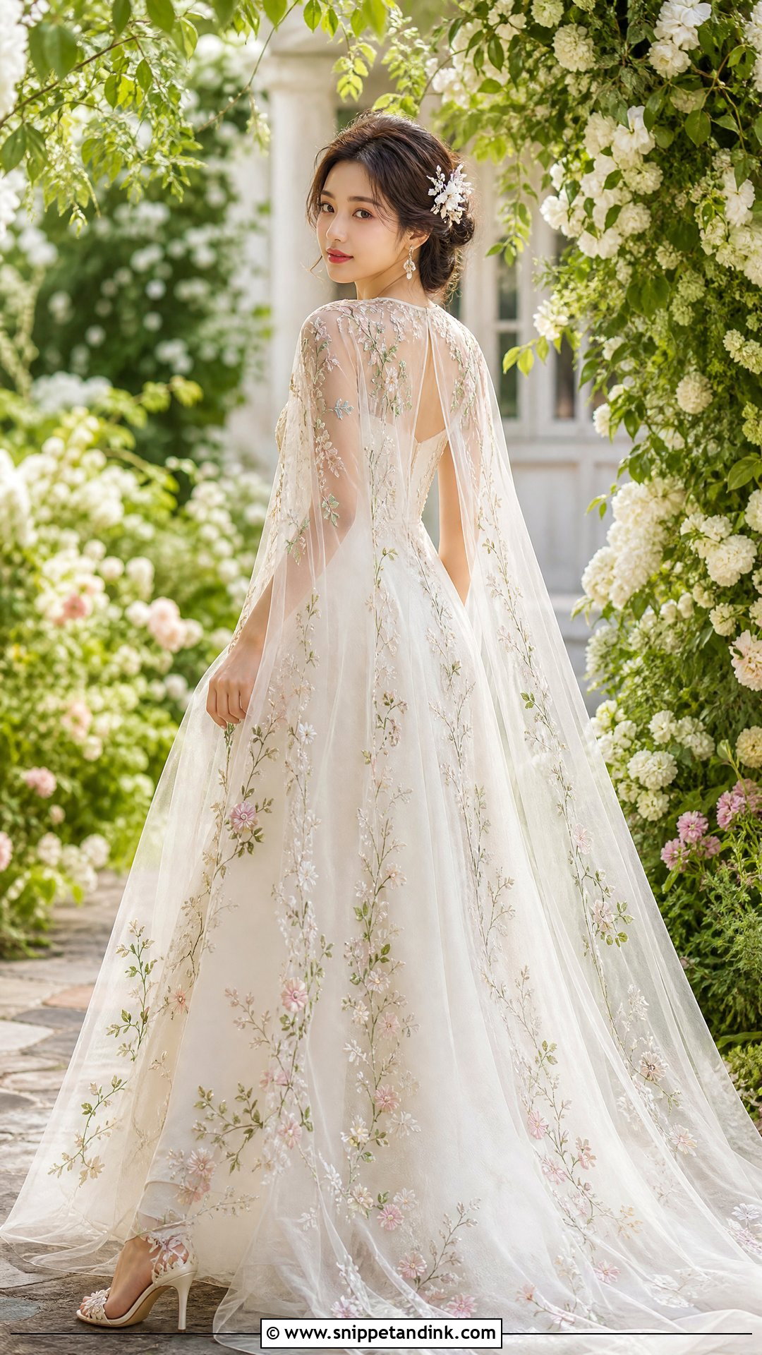 Floral Embroidered Bride Cape With A Line Dress - Snippet and Ink - 25 Bride Cape Ideas