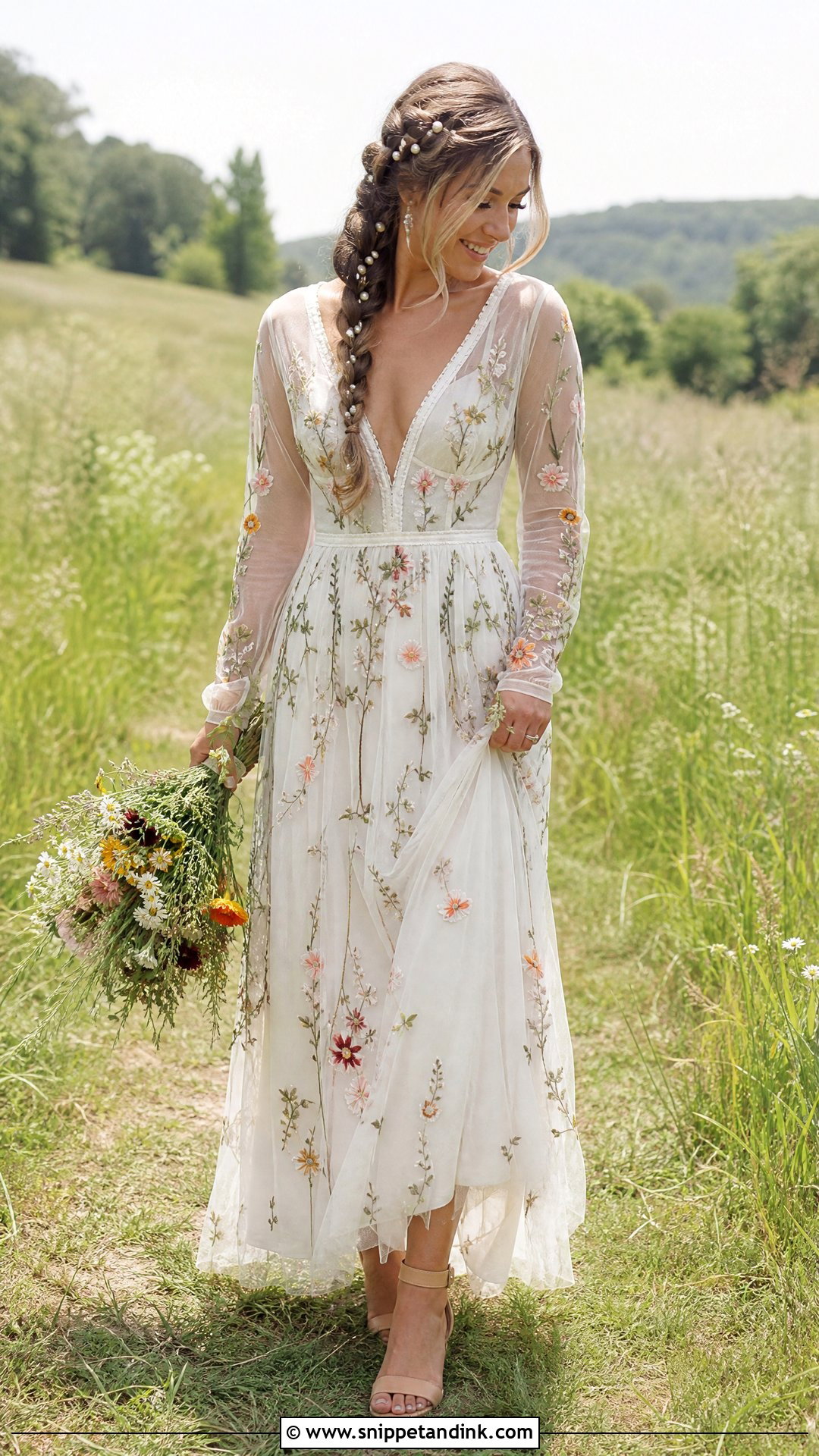 Floral Embroidered Farm Wedding Dress With Braided Hair - Snippet and Ink - 25 Farm Wedding Dress Ideas