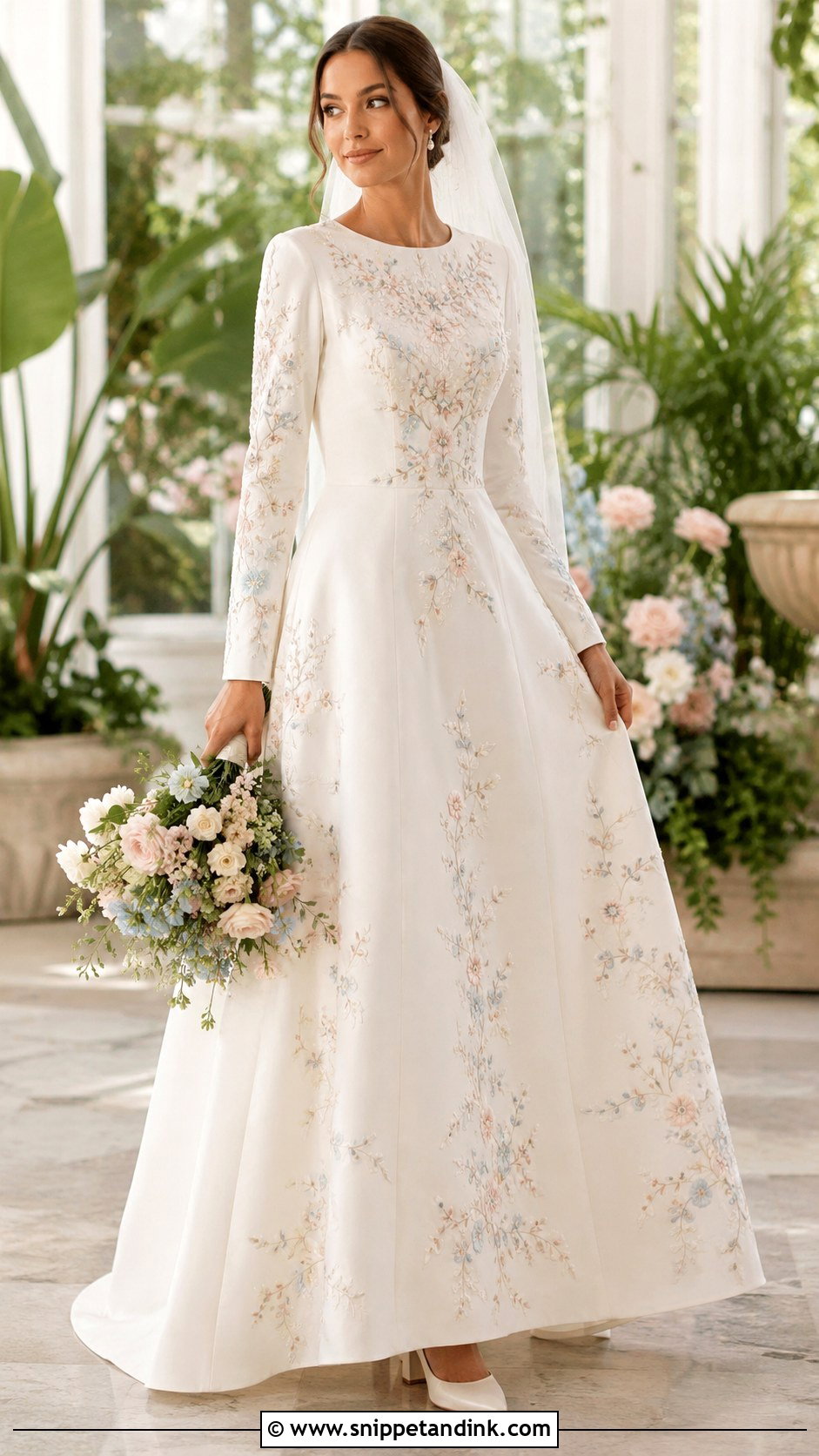 Floral Embroidered Long Sleeve Wedding Dress - Snippet and Ink - 20 Modest Long Sleeve Wedding Dresses