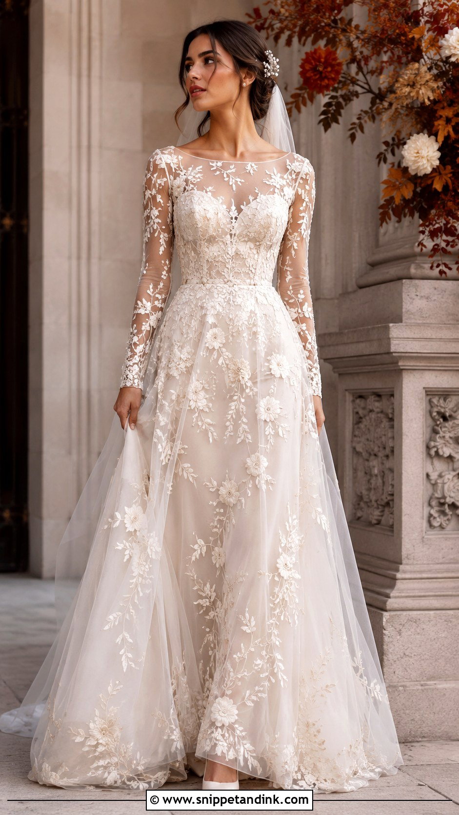 Floral Embroidered Long Sleeve Wedding Dress - Snippet and Ink - 25 Floral Embroidered Wedding Dress Ideas