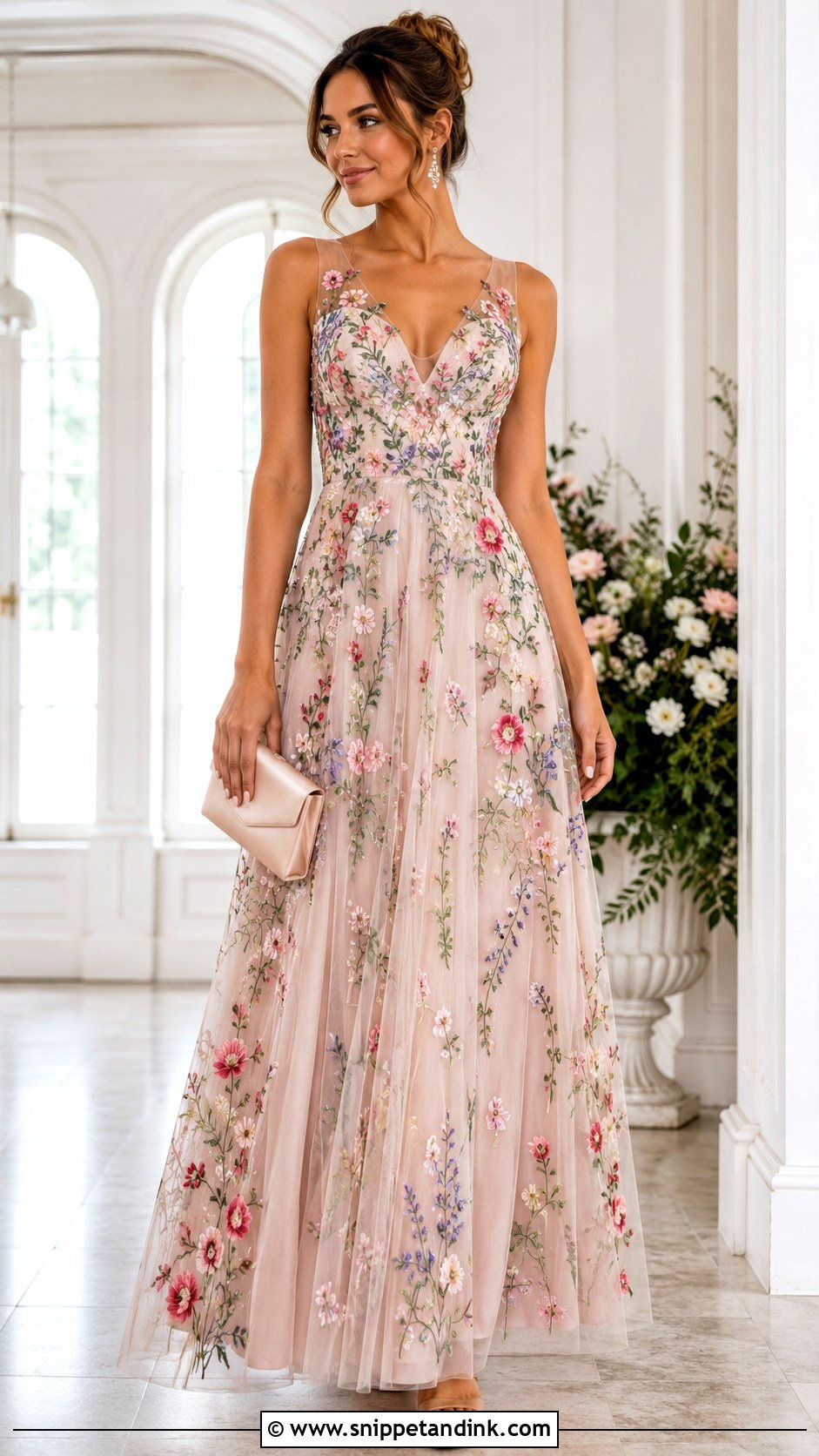 Floral Embroidered Maid of Honor Dress With Crystal Earrings - Snippet and Ink - 20 Floral Maid of Honor Dress Ideas