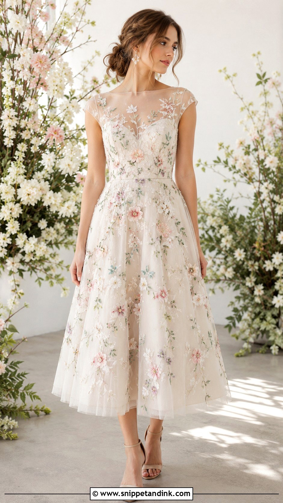 Floral Embroidered Midi Wedding Dress - Snippet and Ink - 20 Midi Length Wedding Dress Ideas
