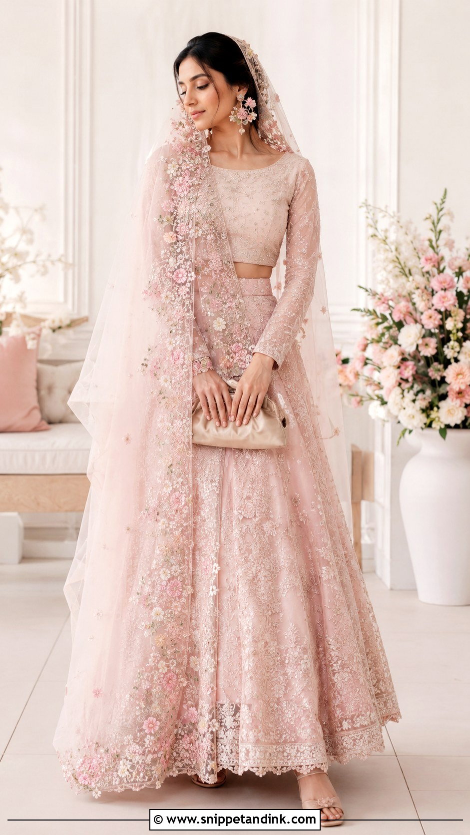 Floral Embroidered Nikah Veil With Pink Lehenga - Snippet and Ink - 25 Nikah Veil Ideas