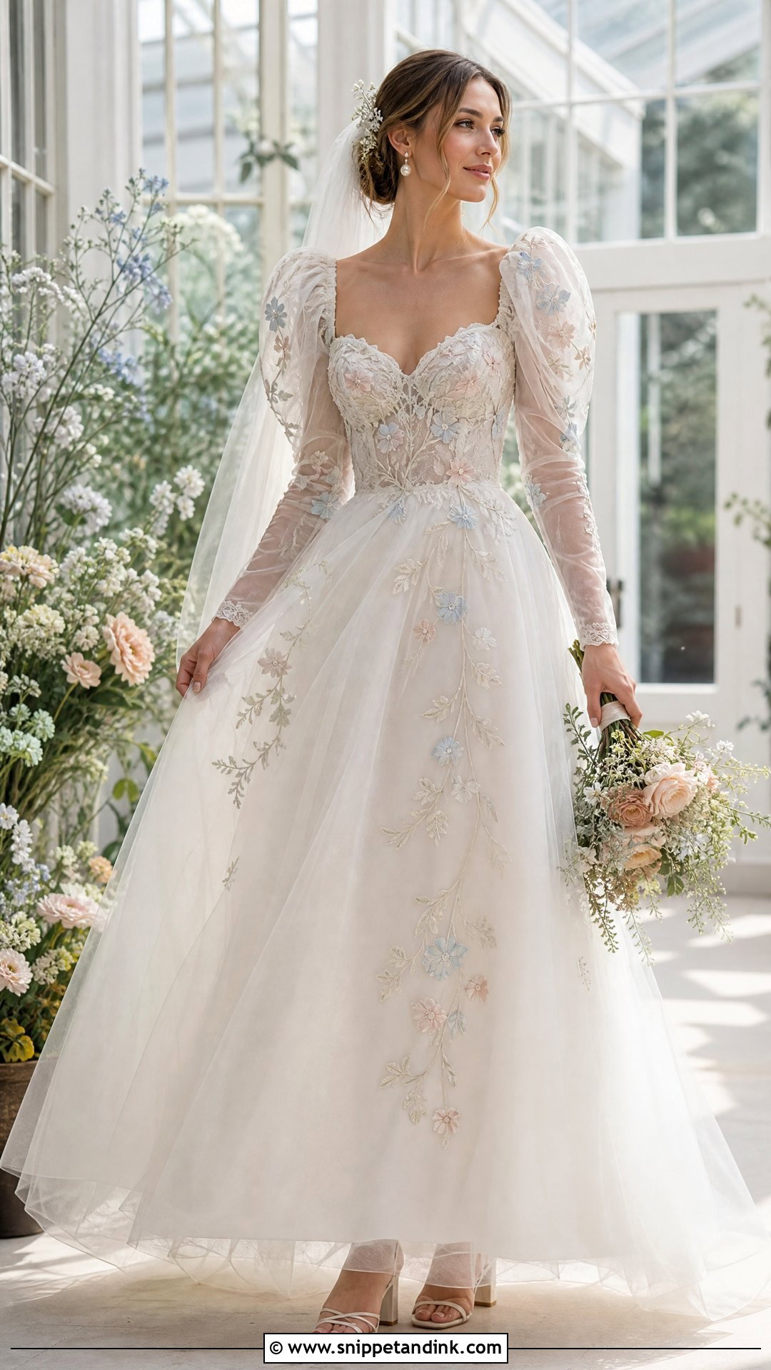 Floral Embroidered Puff Sleeve Wedding Dress - Snippet and Ink - 20 Vintage Puff Sleeve Wedding Dress Ideas