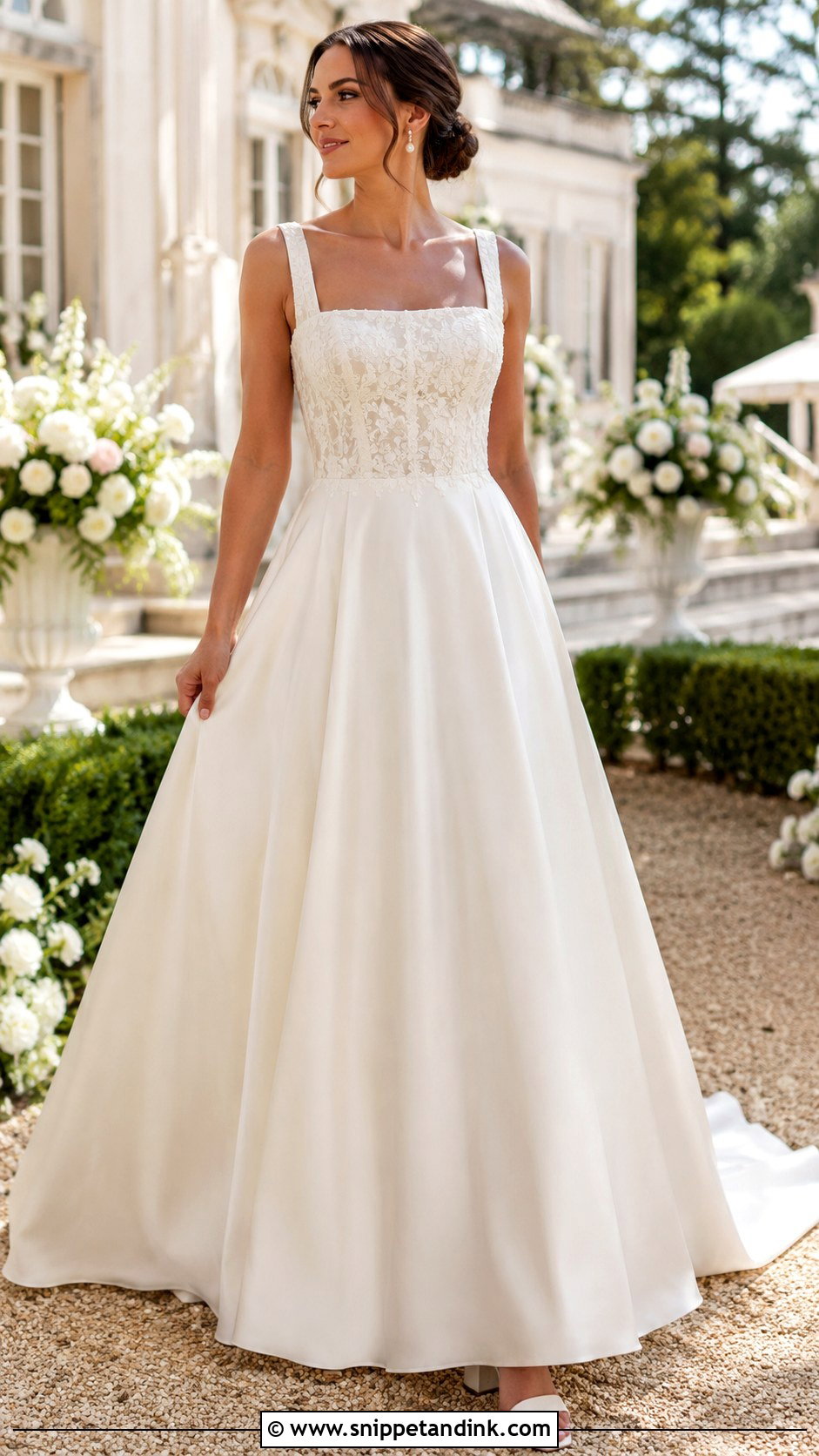 Floral Embroidered Square Neck Wedding Dress - Snippet and Ink - 25 Floral Embroidered Wedding Dress Ideas