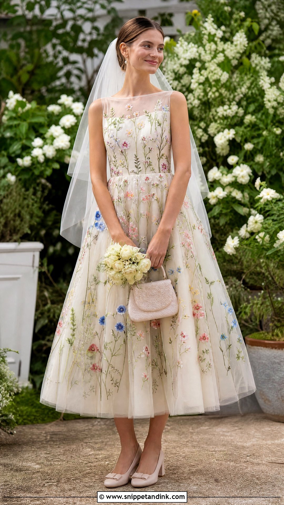 Floral Embroidered Tea Length Wedding Dress - Snippet and Ink - 20 Tea Length Wedding Ideas