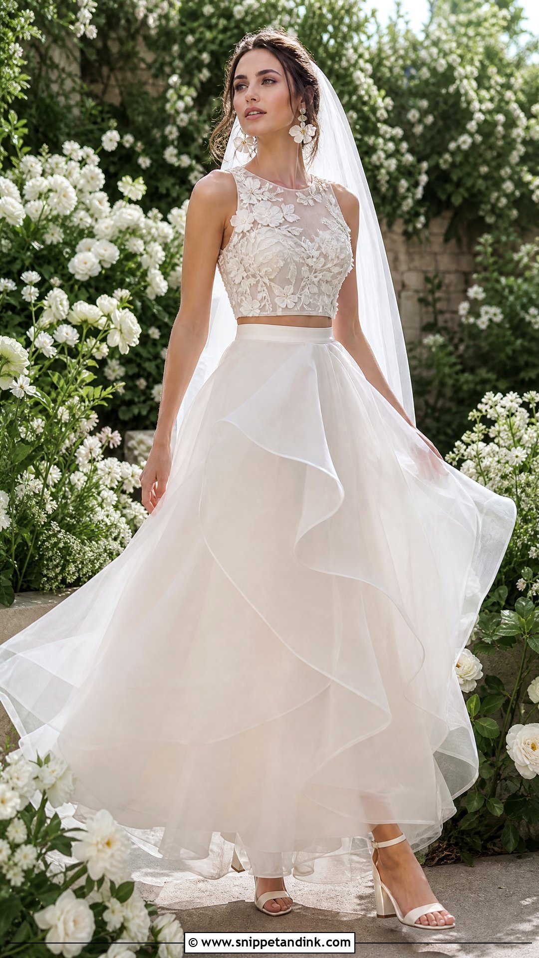 Floral Embroidered Top And Organza Skirt Two Piece Wedding Dress - Snippet and Ink - 20 Wedding Two Piece Dress Ideas