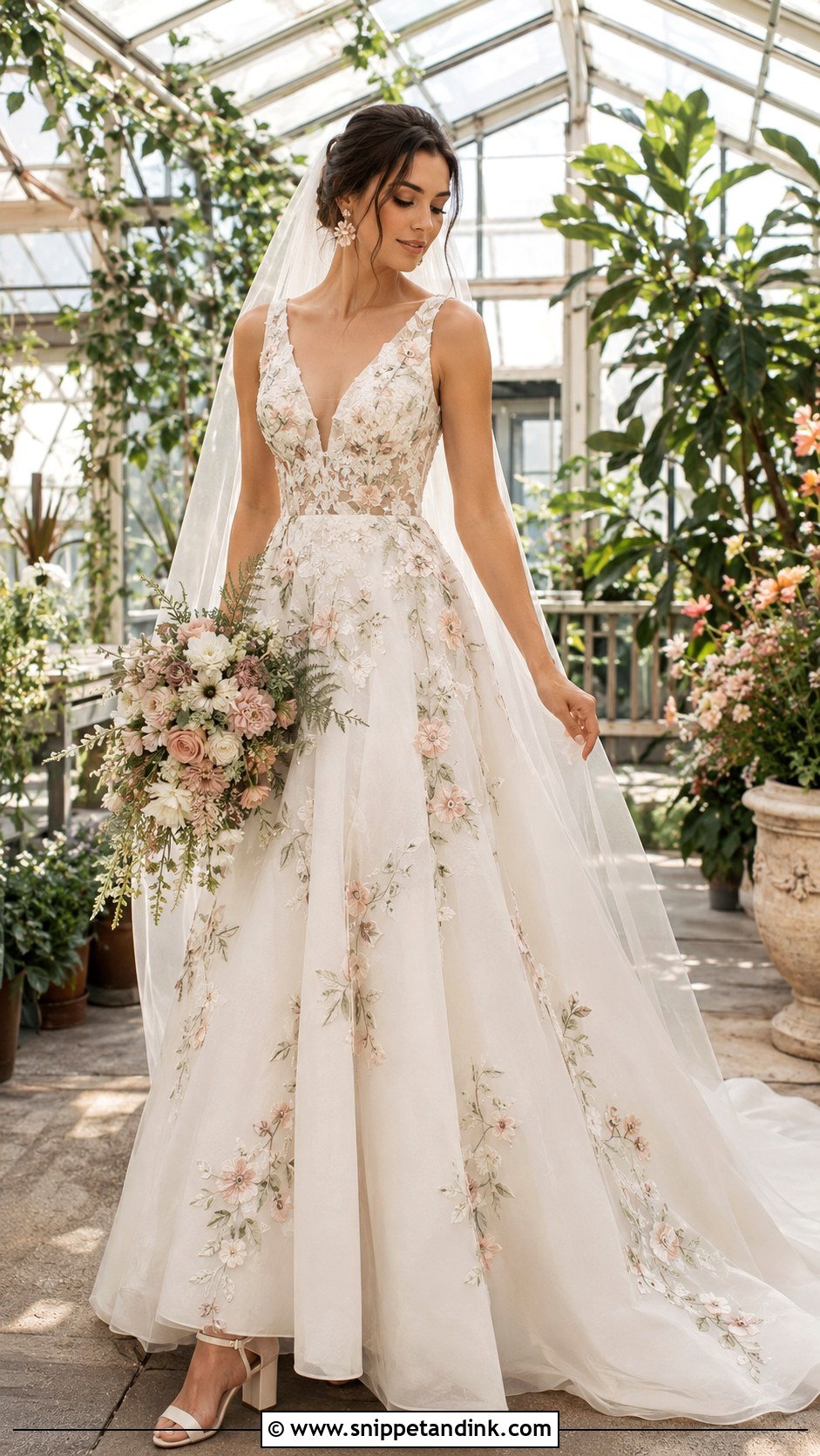 Floral Embroidered V Neck A Line Wedding Dress - Snippet and Ink - 20 V Neck a Line Wedding Dress Ideas