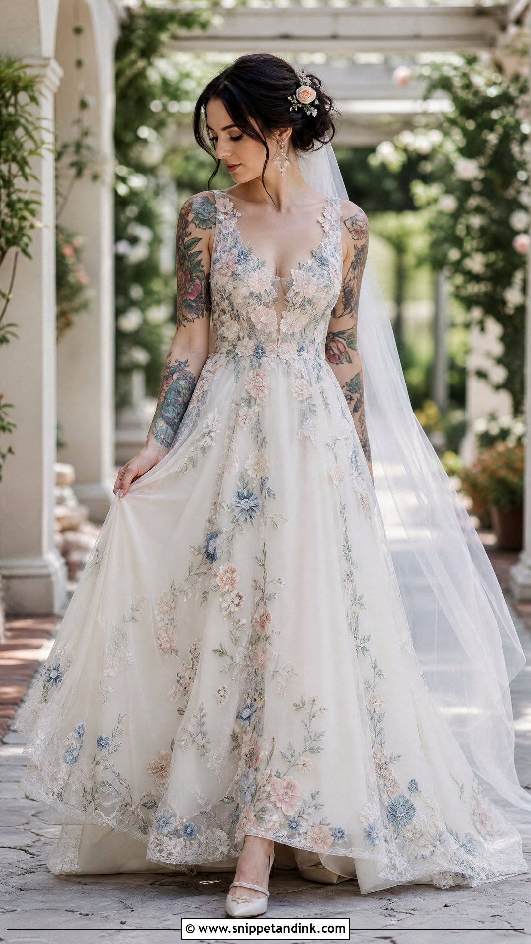 Floral Embroidered Wedding Dress - Snippet and Ink - 20 Tattooed Bride Wedding Dress Ideas