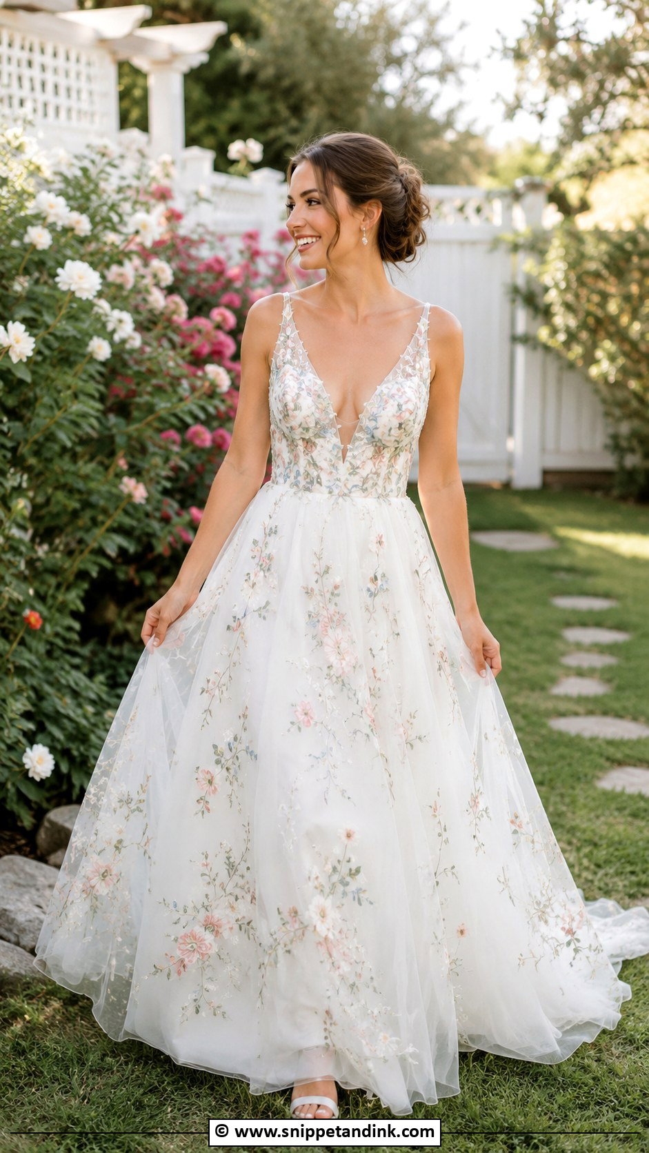 Floral Embroidered Wedding Dress With Low Heels - Snippet and Ink - 30 Backyard Wedding Dress Ideas