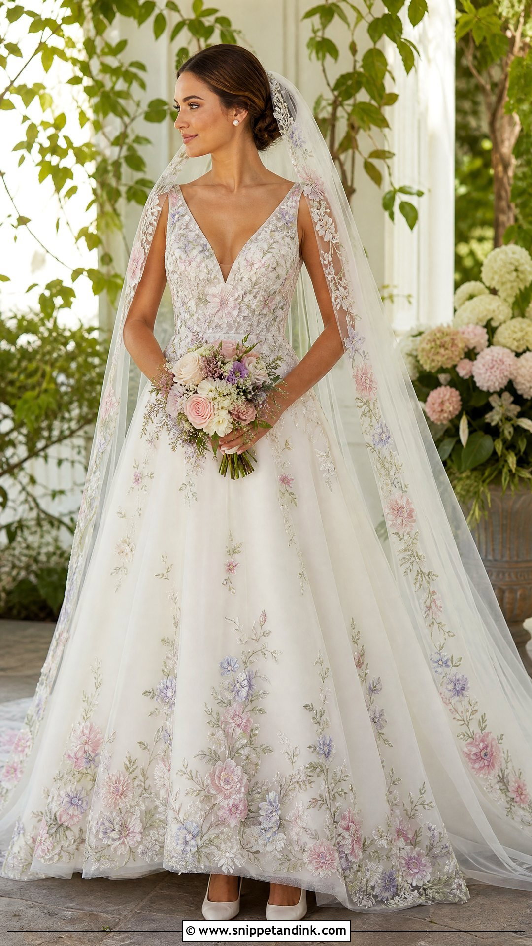 Floral Embroidered Wedding Dress With Matching Veil - Snippet and Ink - 20 Wedding Dress Floral Embroidery Ideas