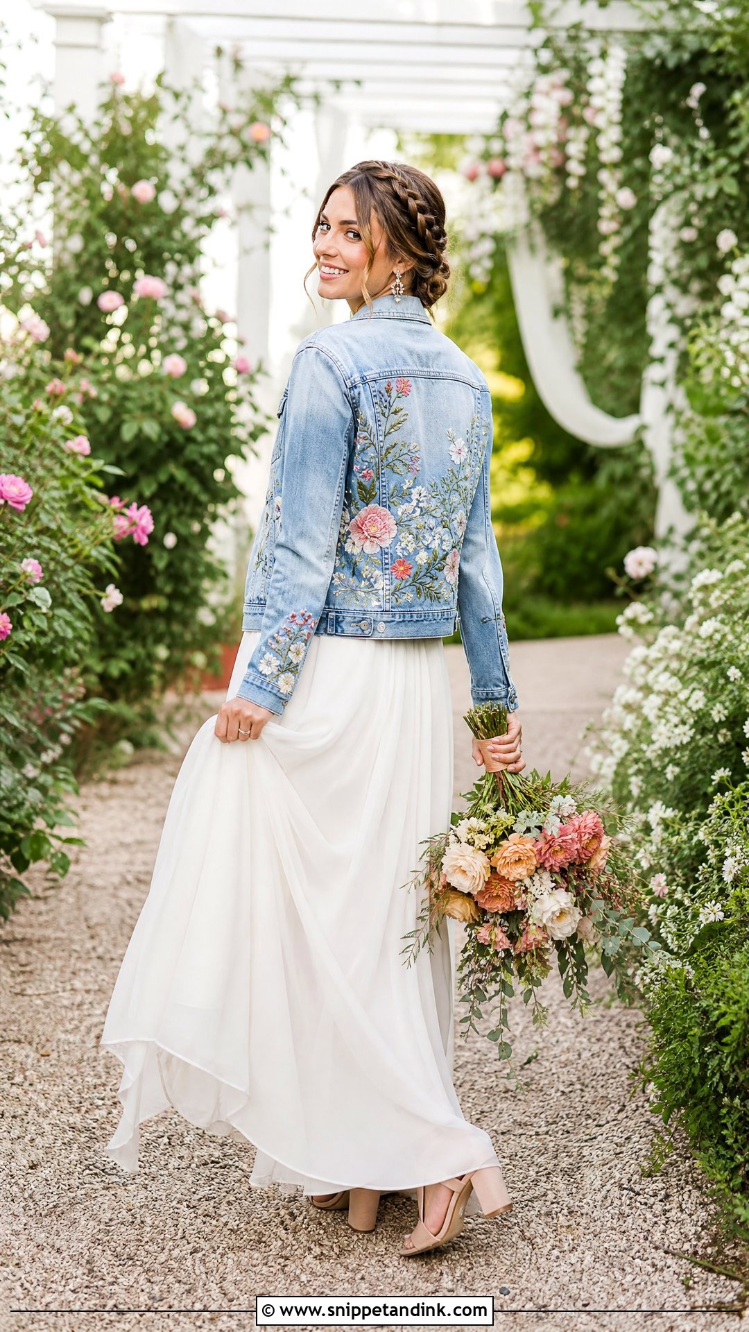 Floral Embroidered Wedding Jean Jacket With Chiffon Gown - Snippet and Ink - 20 Wedding Jean Jacket Ideas