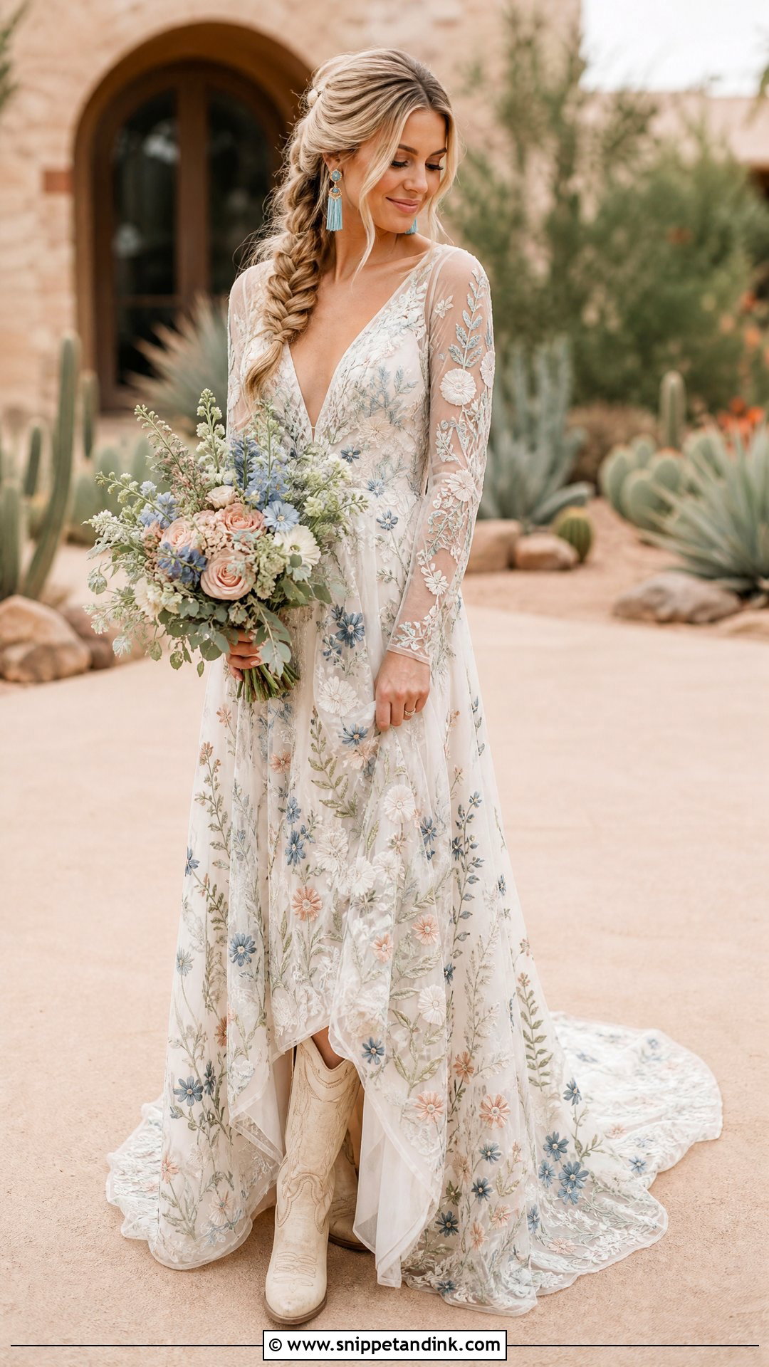 Floral Embroidered Western Bride Dress With Turquoise Jewelry - Snippet and Ink - 20 Western Bride Dress Ideas