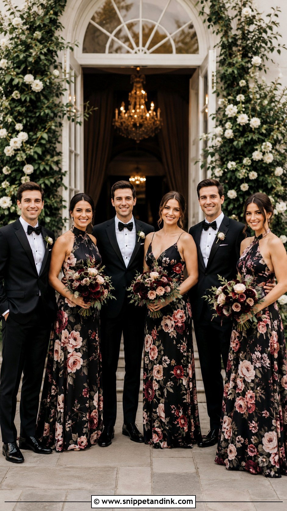 Floral Floor Length Black Tie Bridal Party - Snippet and Ink - 20 Black Tie Bridal Party Ideas