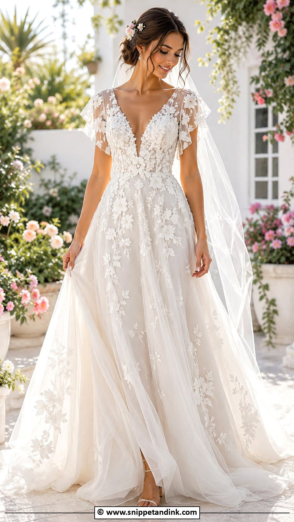 Floral Flutter Sleeve Wedding Dress - Snippet and Ink - 25 Flutter Sleeve Wedding Dress Ideas