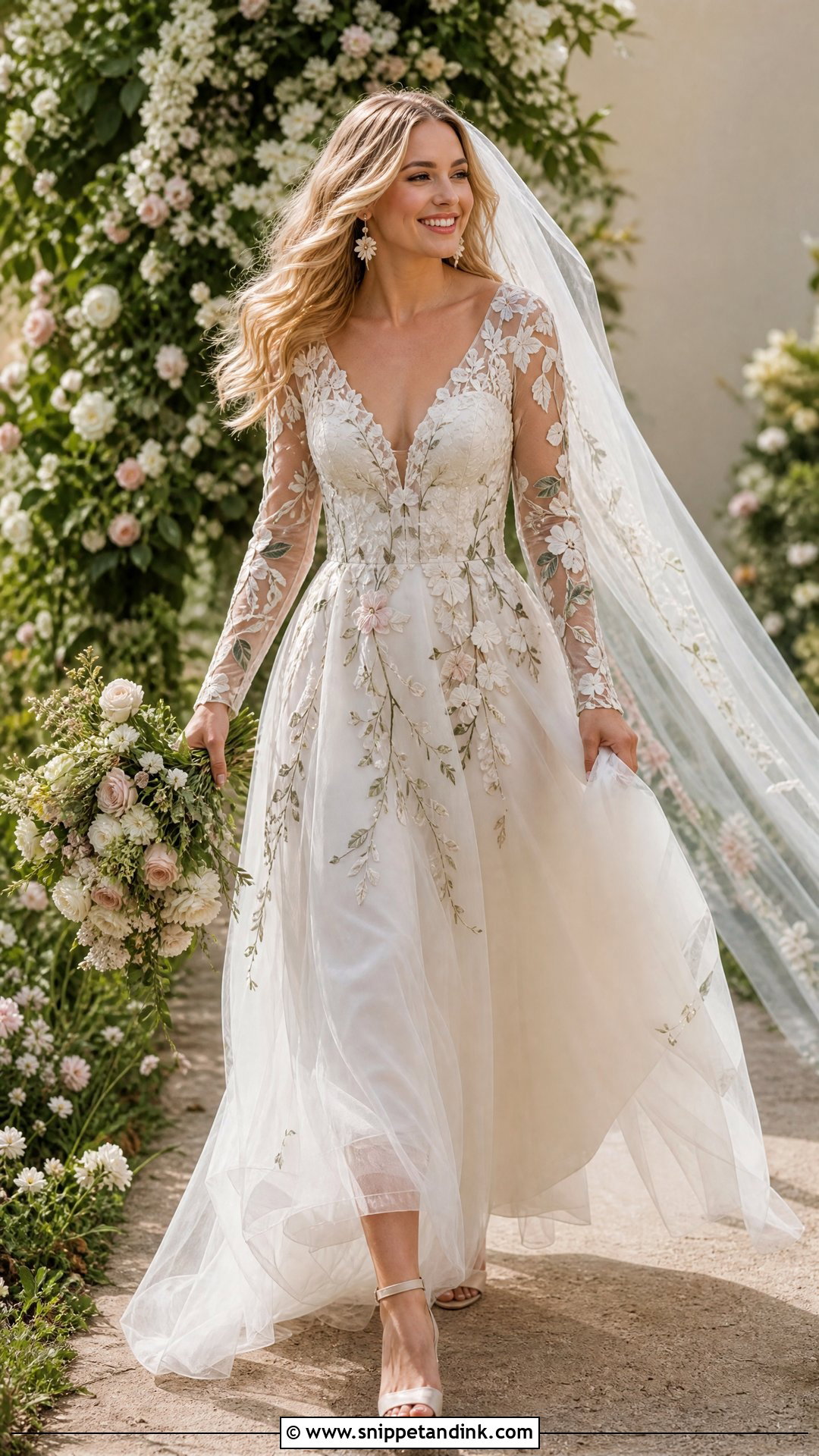 Floral Garden Illusion Sleeve Wedding Dress - Snippet and Ink - 20 Illusion Sleeve Wedding Dress Ideas