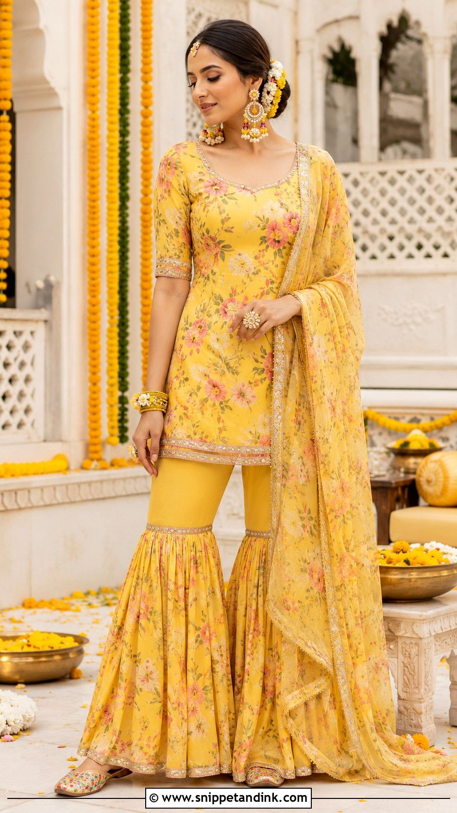 Floral Gharara Haldi Outfit - Snippet and Ink - 20 Floral Haldi Outfit Ideas