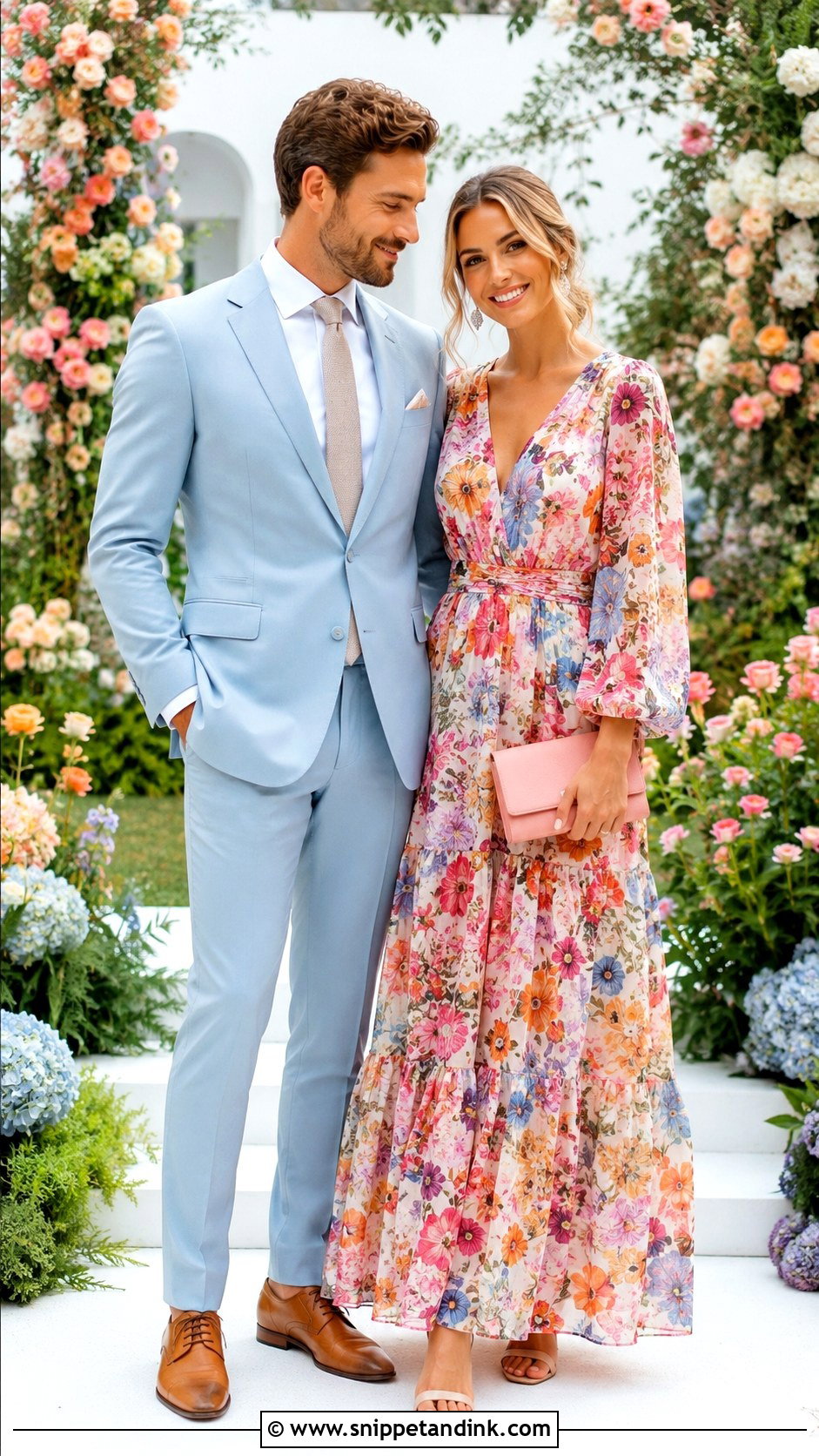 Floral Gown And Pastel Suit Couple Wedding Outfit - Snippet and Ink - 20 Couple Matching Wedding Outfits
