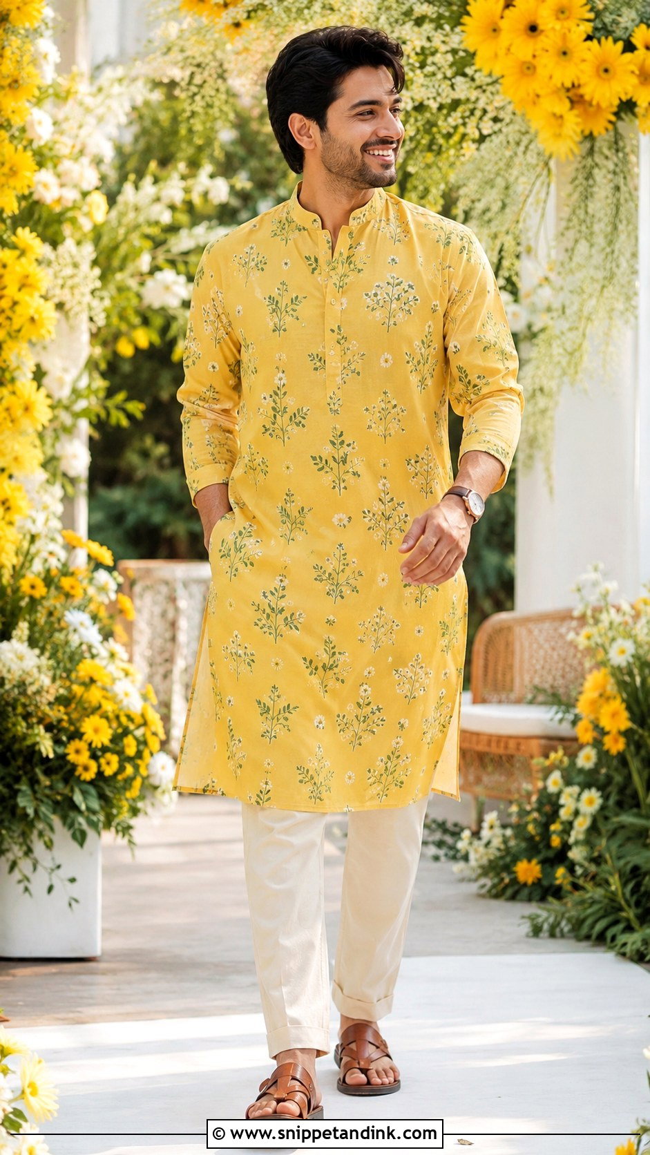 Floral Haldi Kurta With Straight Pants - Snippet and Ink - 20 Haldi Outfit for Bride Brother Ideas