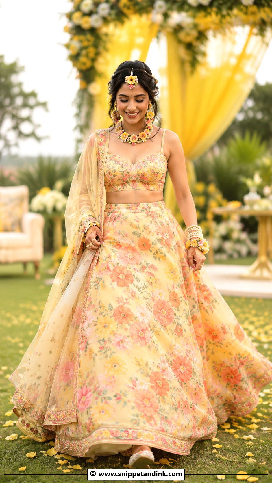 Floral Haldi Lehenga For Bride - Snippet and Ink - 30 Best Haldi Outfits for Brides