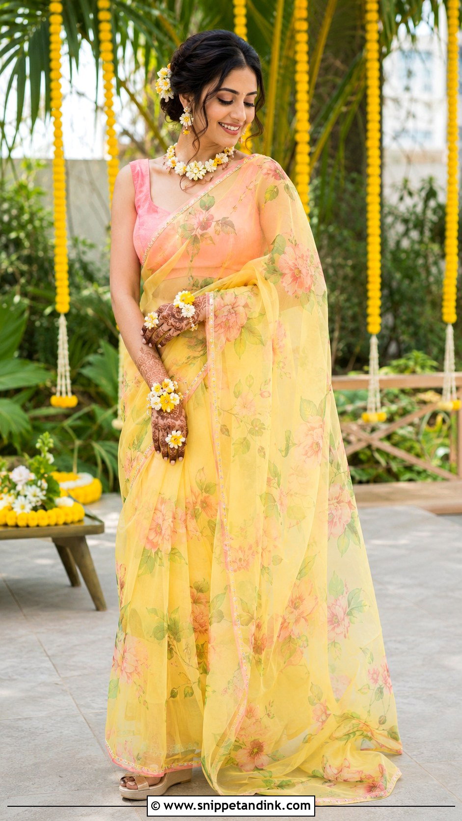 Floral Haldi Saree - Snippet and Ink - 30 Indian Bridal Haldi Outfit Ideas