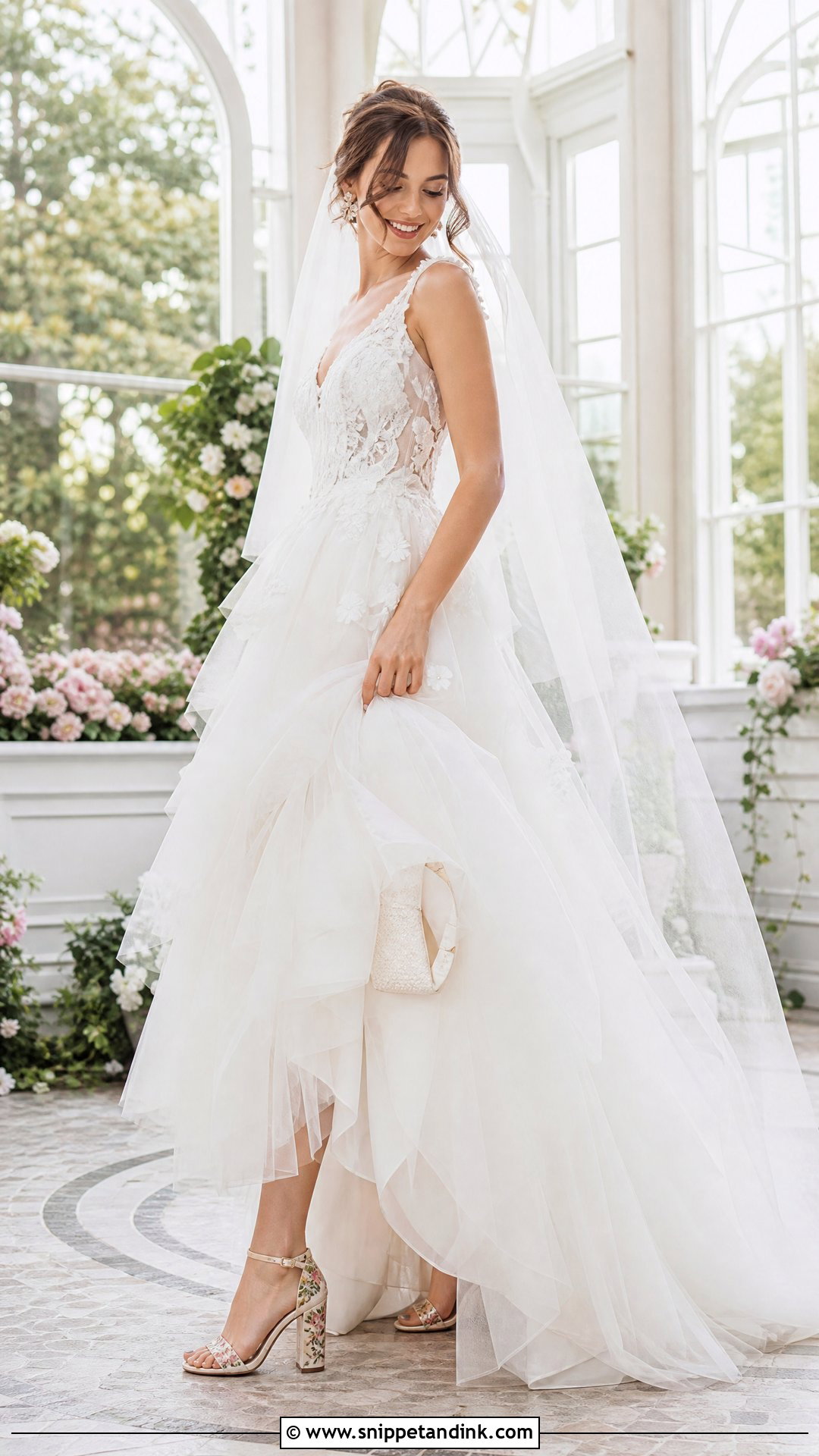 Floral High Heels With Tulle Wedding Dress - Snippet and Ink - 20 Wedding High Heels Brides Ideas