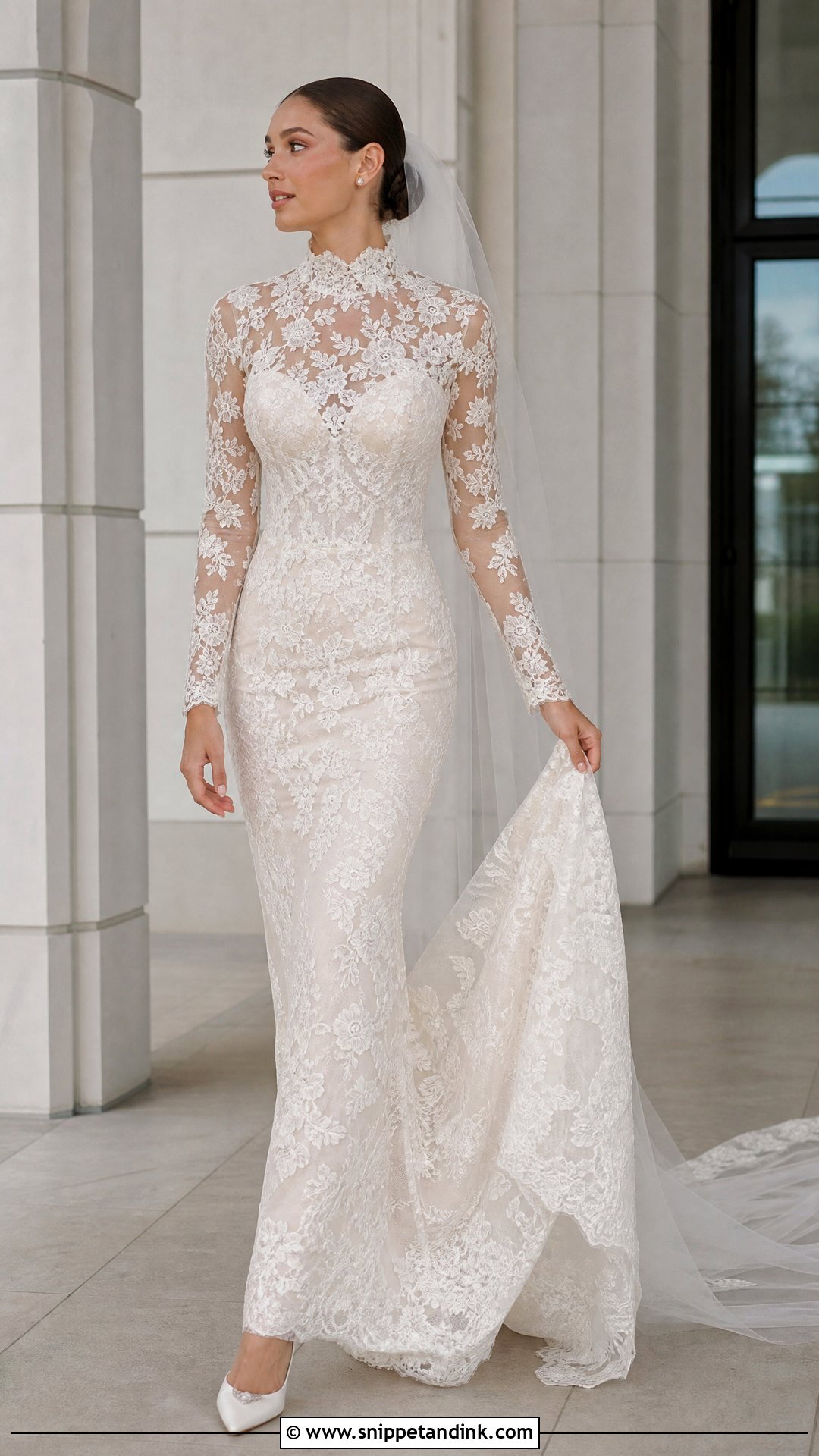Floral High Neck Wedding Dress With Sleek Bun - Snippet and Ink - 25 Floral Wedding Dress Ideas