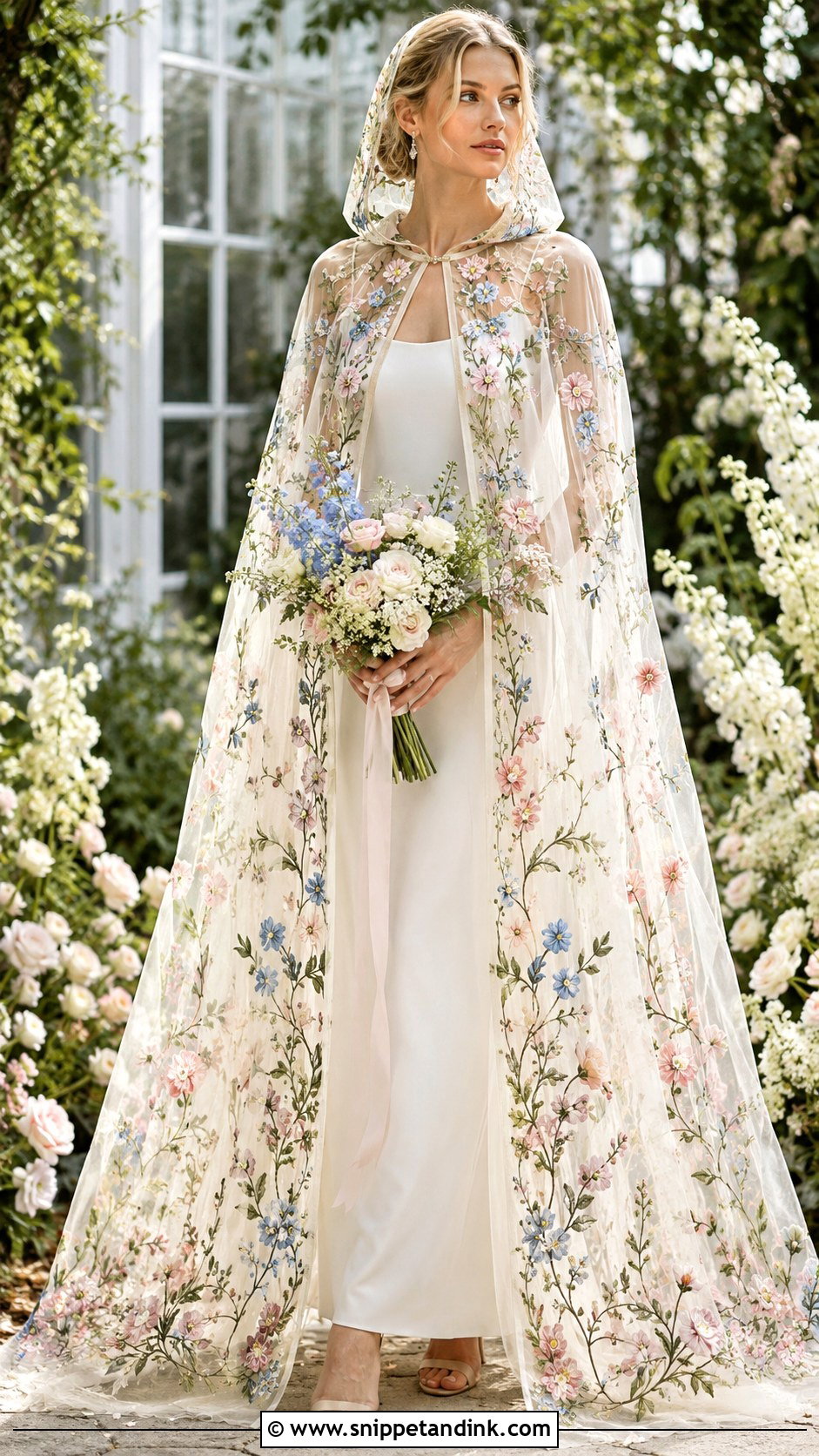 Floral Hooded Wedding Cape With Simple Sheath Dress - Snippet and Ink - 20 Wedding Cape with Hood Ideas