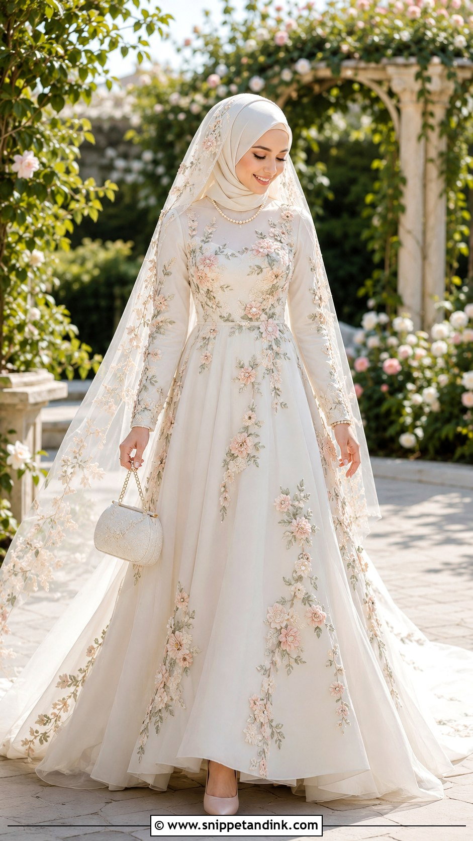 Floral Islamic Bridal Dress With Chiffon Hijab - Snippet and Ink - 20 Islamic Bride Dress Ideas