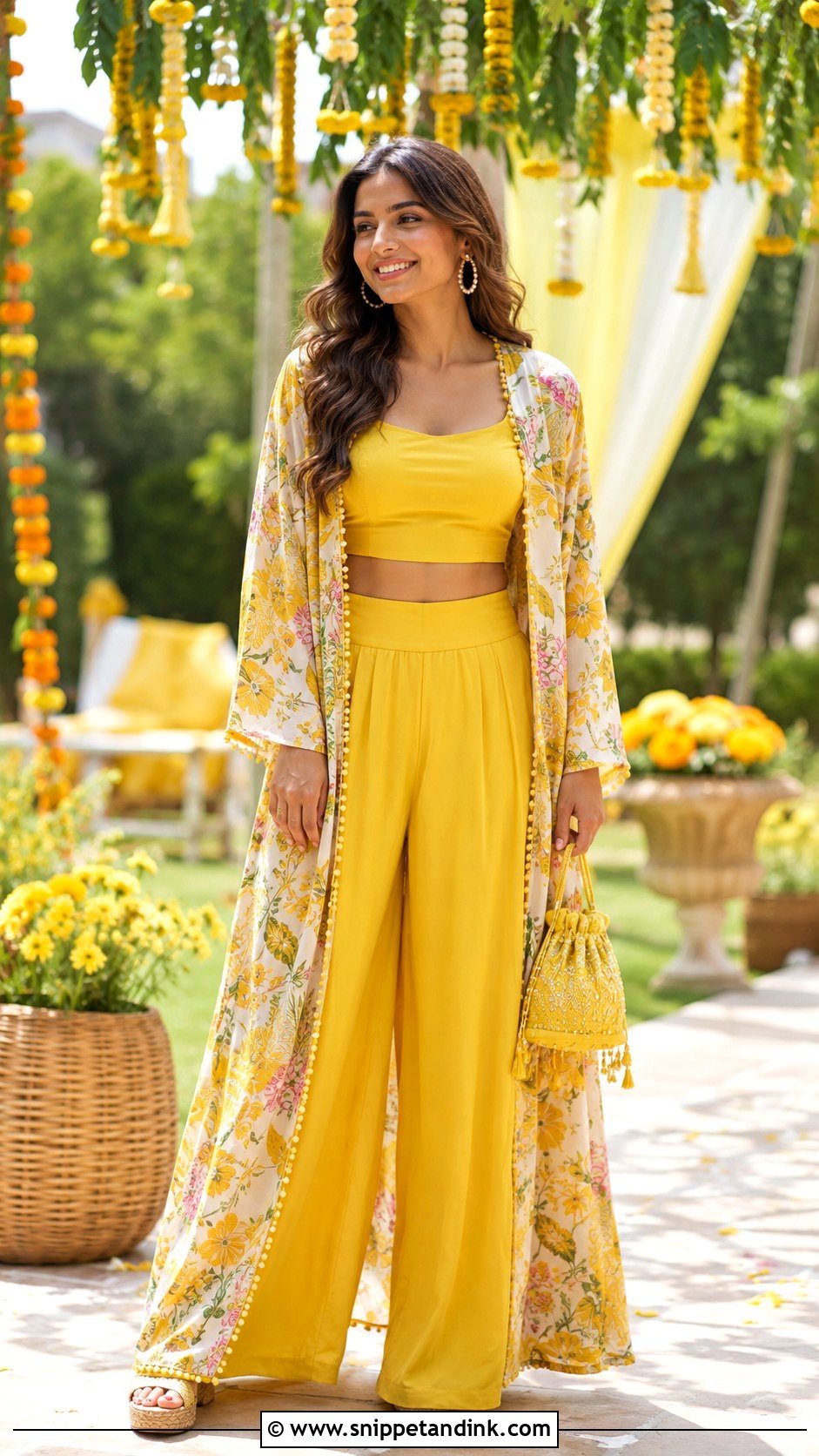 Floral Jacket And Palazzo Haldi Outfit - Snippet and Ink - 25 Indo Western Haldi Outfit Ideas