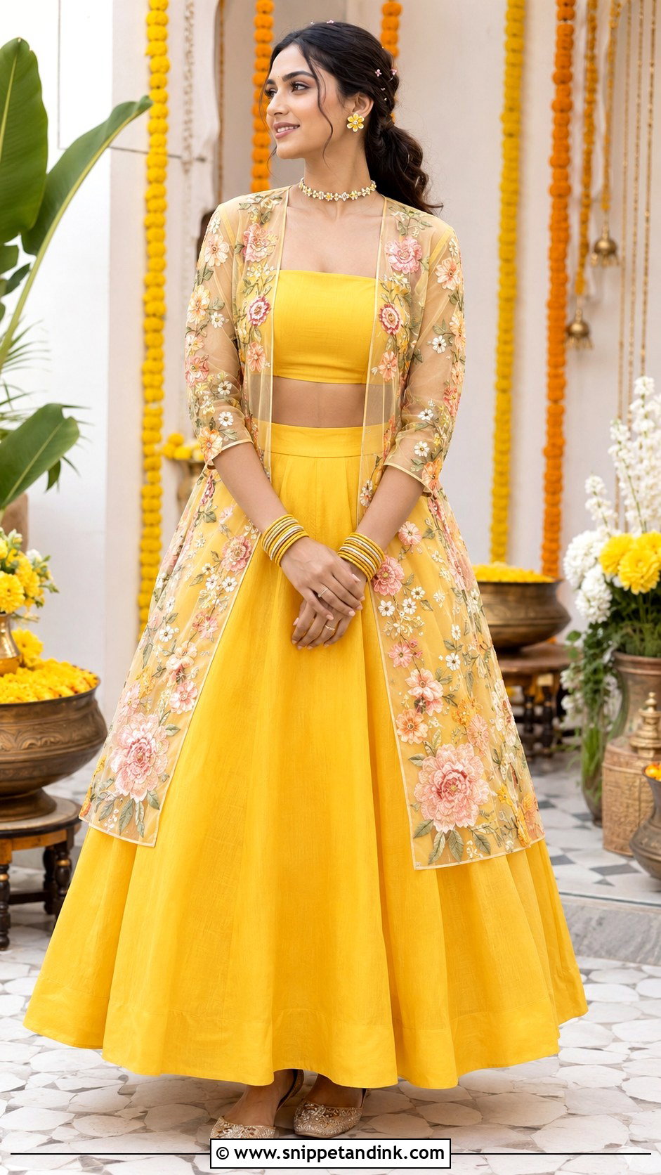 Floral Jacket Lehenga Haldi Outfit - Snippet and Ink - 20 Floral Haldi Outfit Ideas