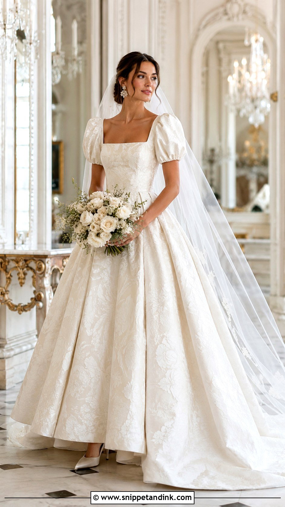Floral Jacquard Ball Gown Wedding Dress - Snippet and Ink - 20 Bridgerton Inspired Wedding Dresses