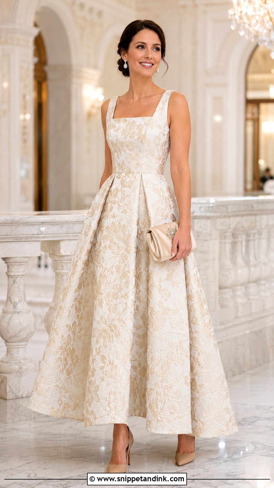 Floral Jacquard Ball Gown With Neutral Pumps - Snippet and Ink - 20 Modern Ball Gown Ideas
