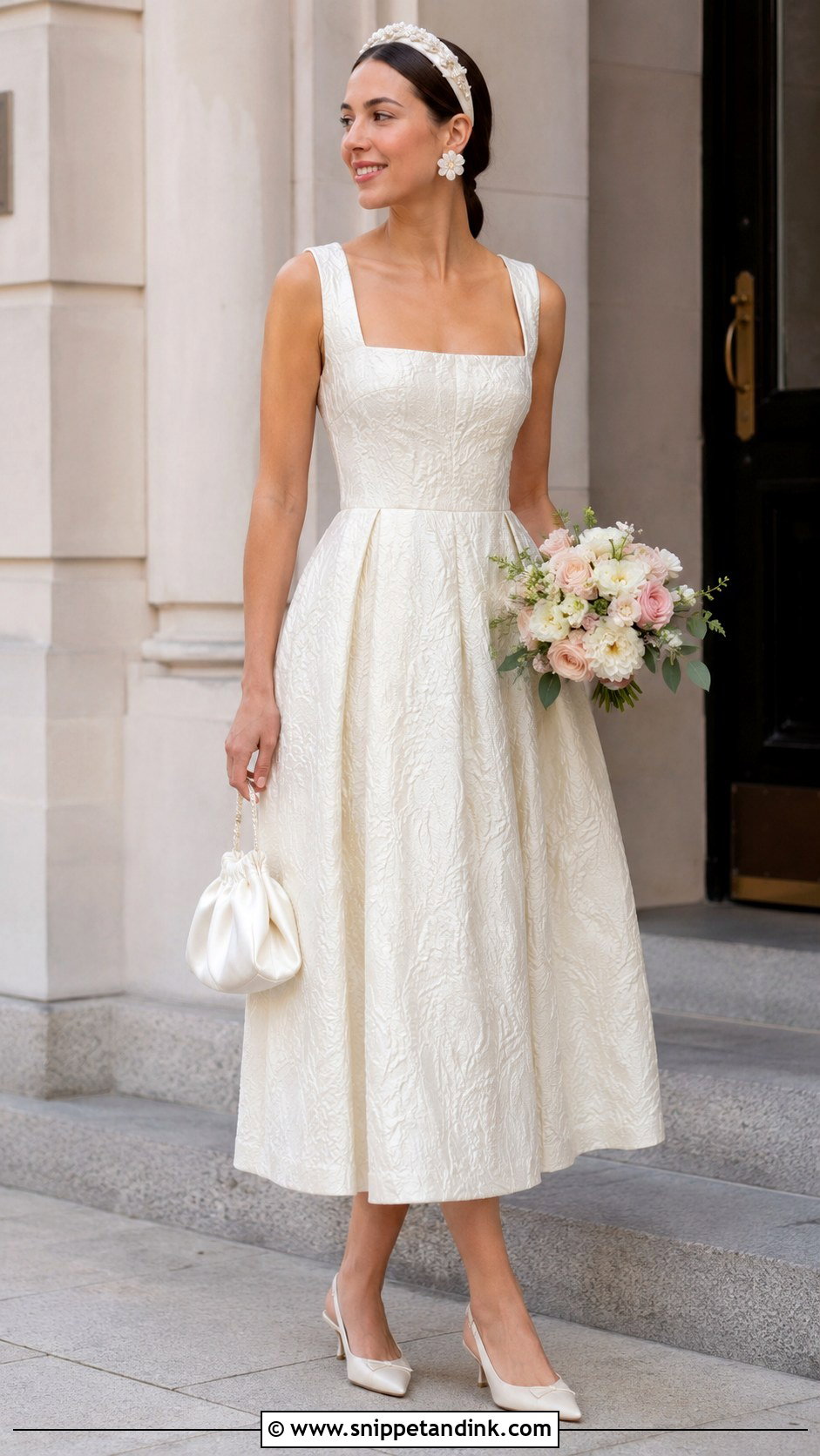 Floral Jacquard Courthouse Wedding Dress - Snippet and Ink - 20 Courthouse Wedding Outfit Bride Ideas