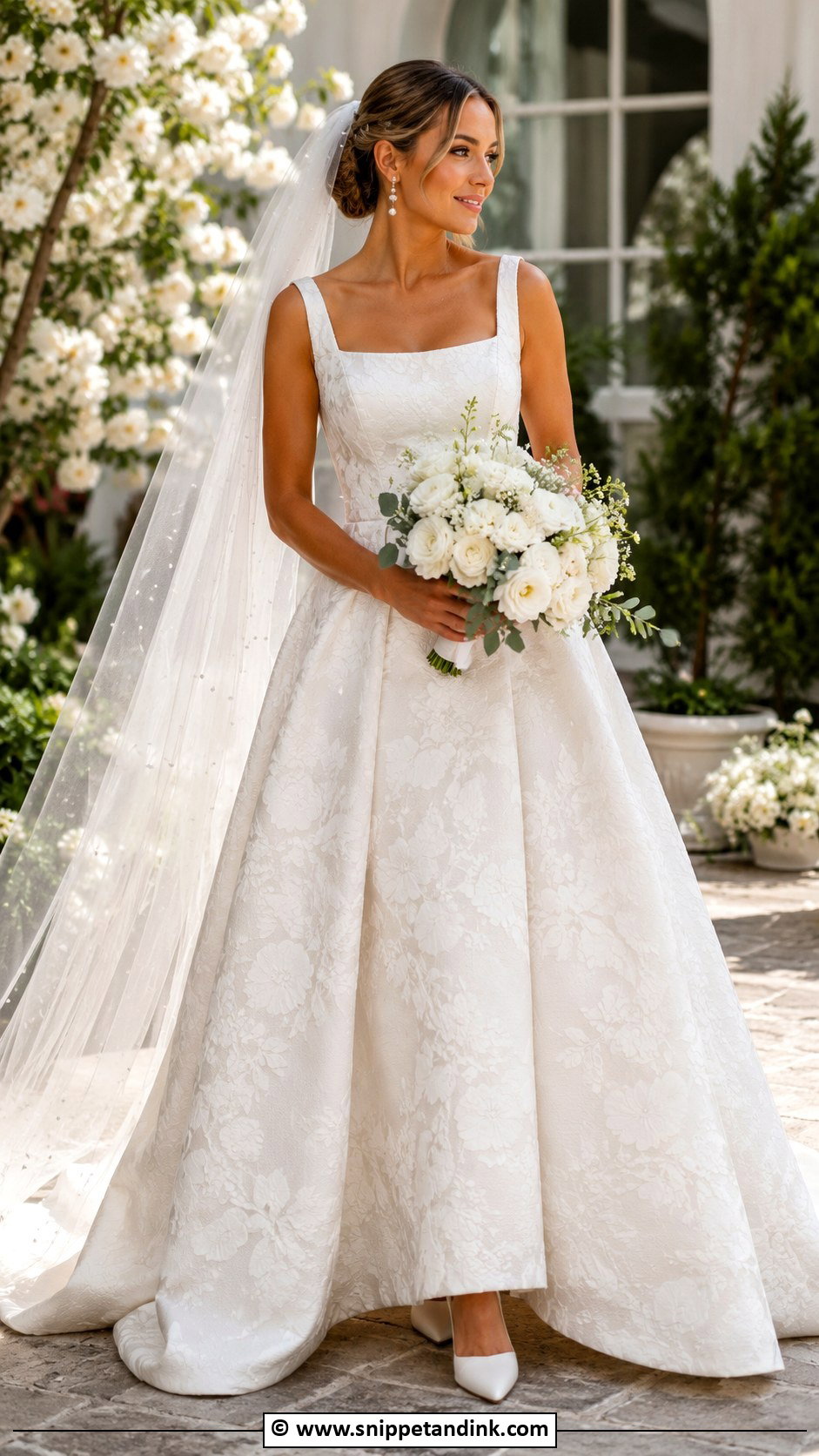 Floral Jacquard Wedding Dress With Pearl Veil - Snippet and Ink - 25 Jacquard Wedding Dress Ideas