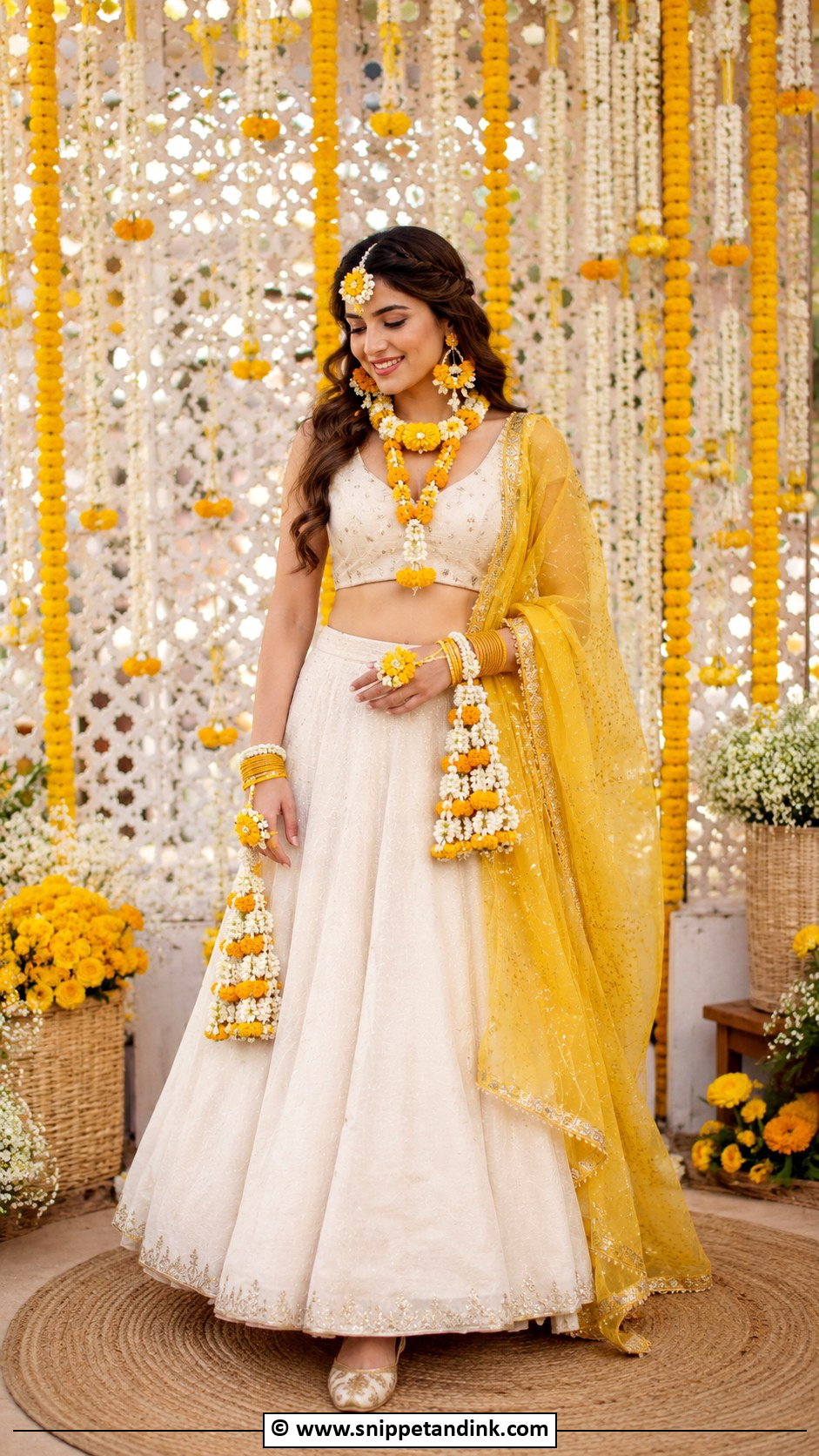 Floral Jewelry Haldi Outfit For Bride - Snippet and Ink - 30 Haldi Outfit Ideas for Bride