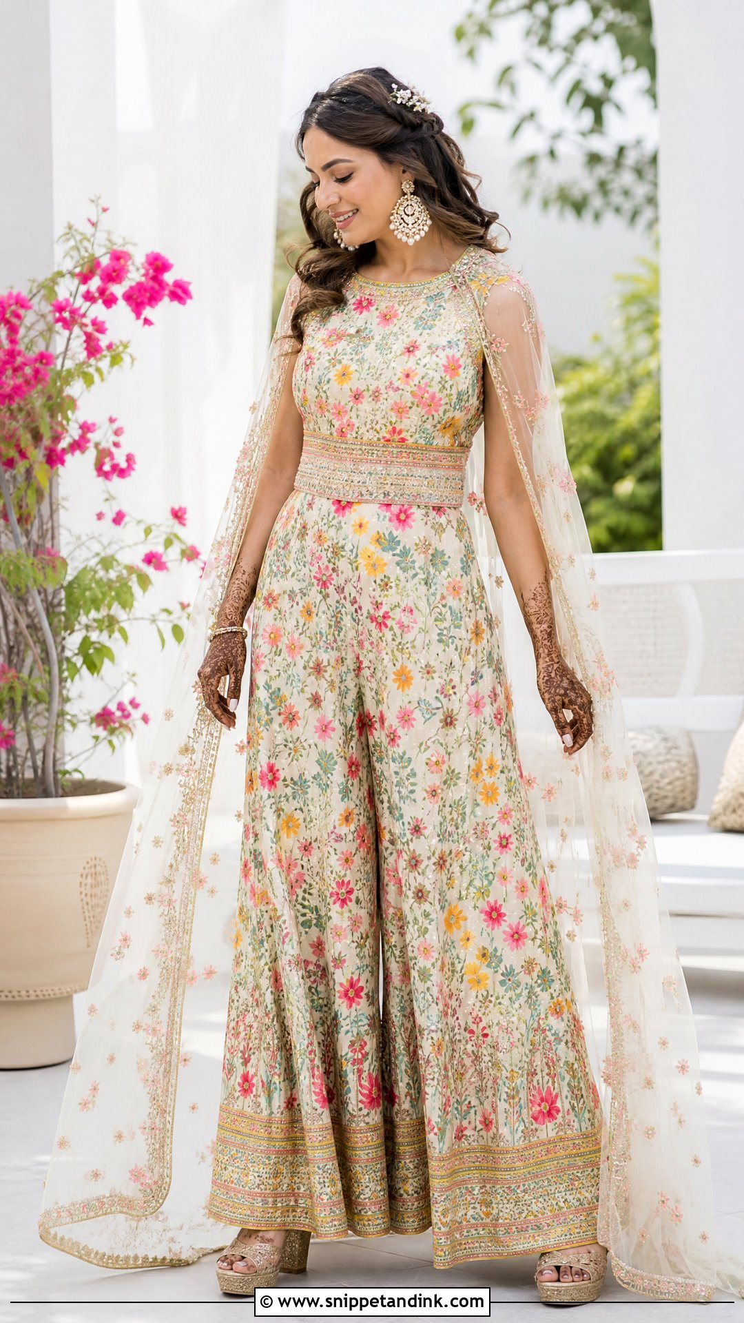 Floral Jumpsuit Mehndi Outfit - Snippet and Ink - 20 Bride Mehndi Dress Ideas